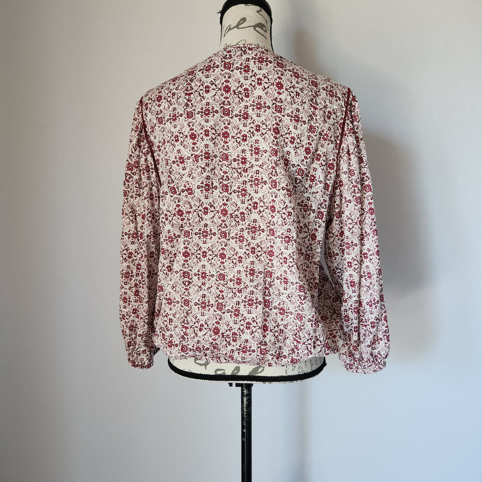 Lucky Brand Floral Peasant Boho Blouse Tassel Long Sleeve Red Cream Women's L - Thumbnail 7