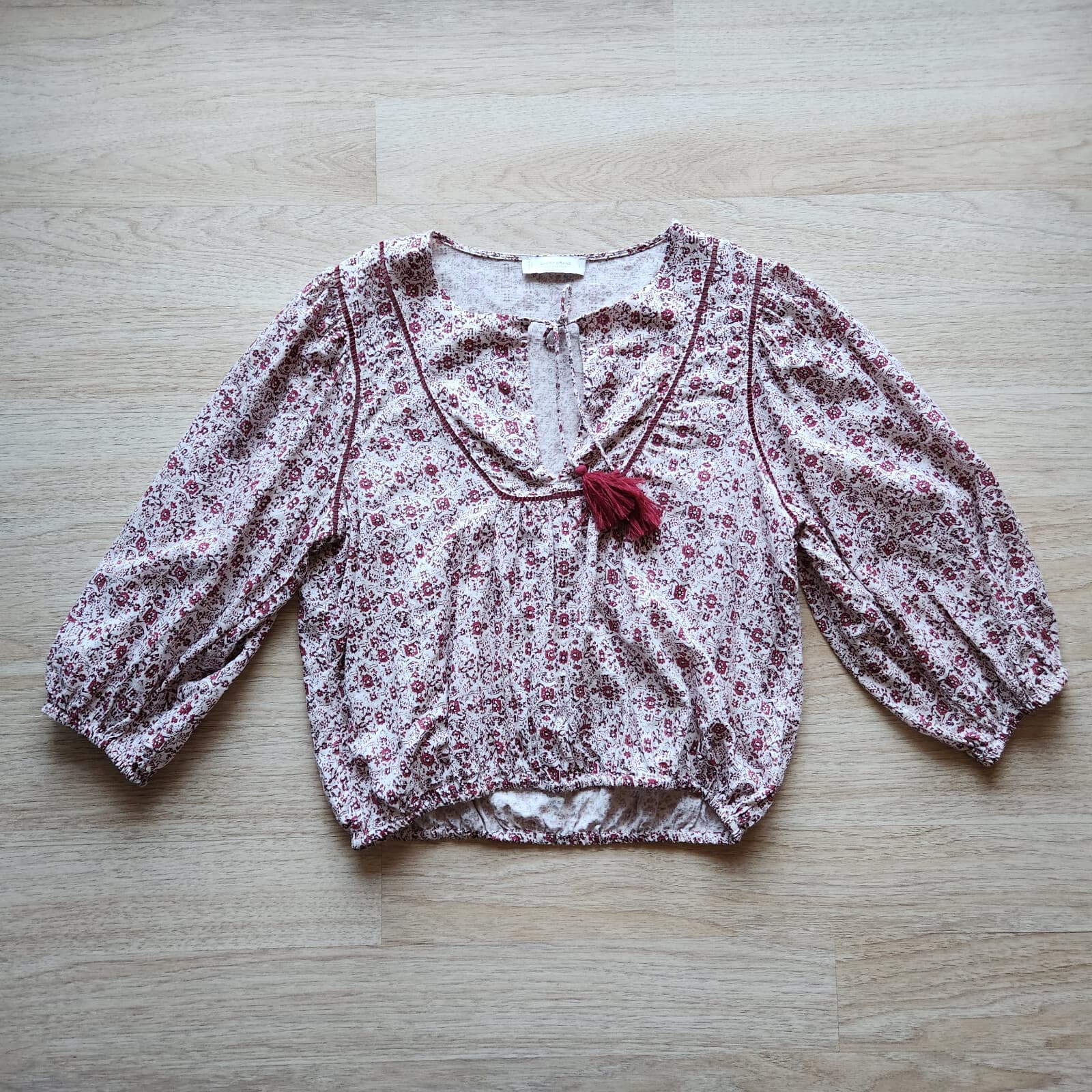 Lucky Brand Floral Peasant Boho Blouse Tassel Long Sleeve Red Cream Women's L - Thumbnail 5
