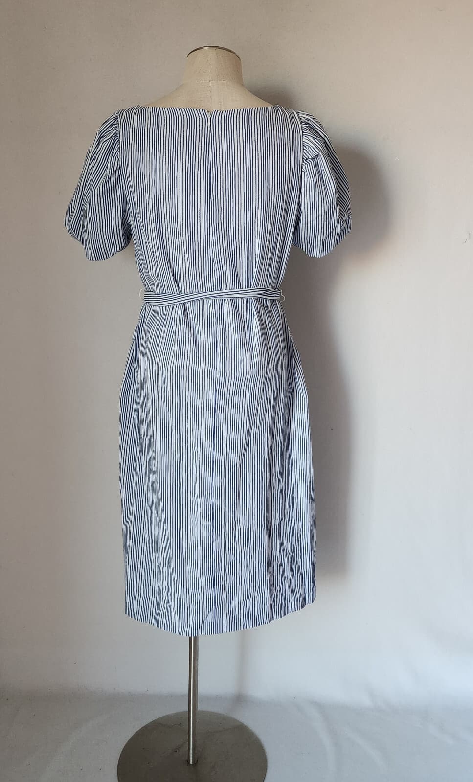 NWT Alex Marie Square Neck Striped Midi Dress Belt Melon Sleeve Blue White Sz.12 - Thumbnail 7