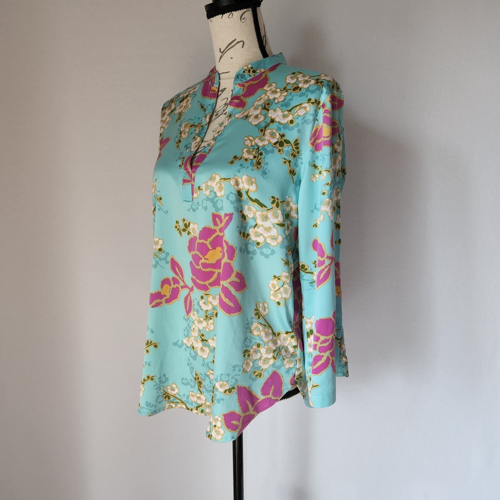 Natori Harumi Satin Pajama-Top Pull-Over Long Sleeve Floral Multicolor Women S - Thumbnail 4