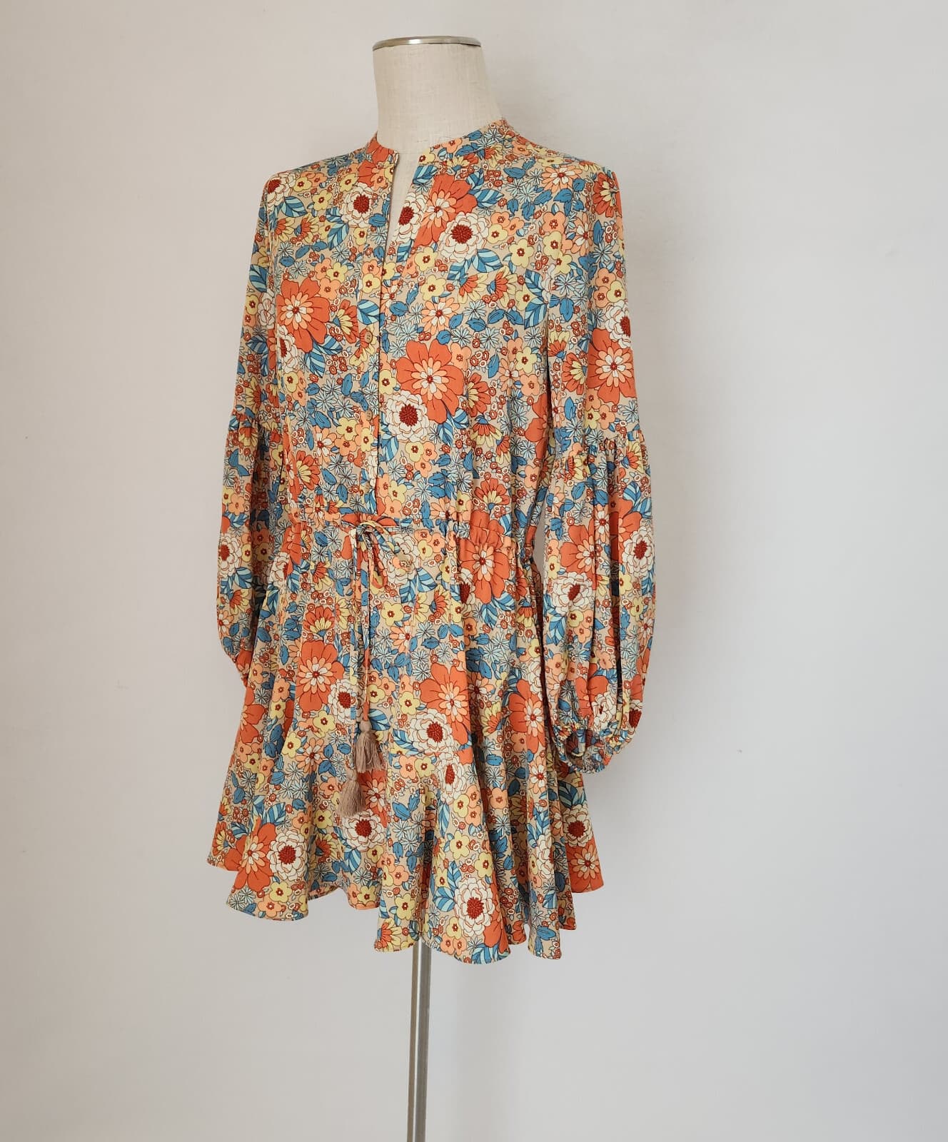NWoT Aakaa Groovy Floral Mini Dress Long Balloon Sleeve Tie-Belted Multicolor S - Thumbnail 3