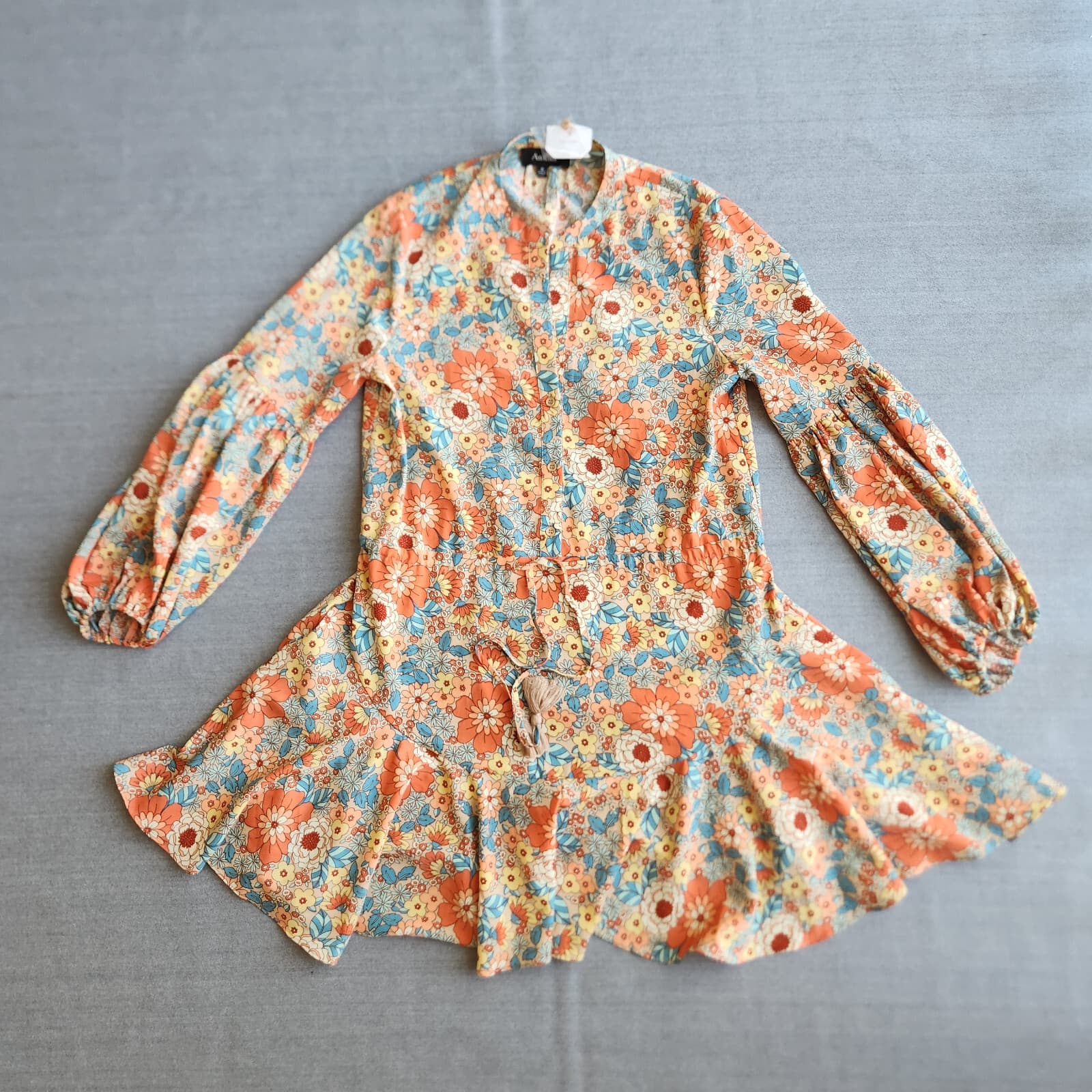 NWoT Aakaa Groovy Floral Mini Dress Long Balloon Sleeve Tie-Belted Multicolor S - Thumbnail 7