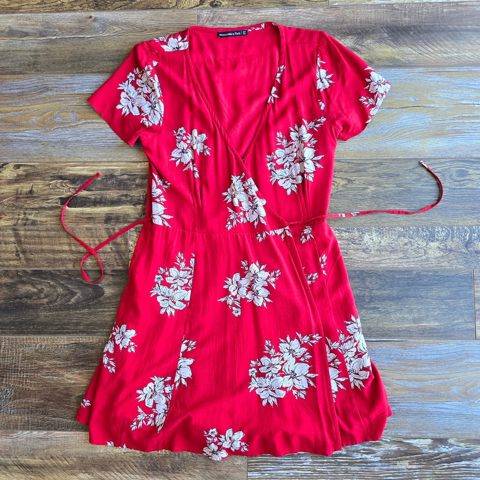 Abercrombie & Fitch Floral Mini Wrap Dress Short Sleeve Viscose Red Women's ST - Thumbnail 6