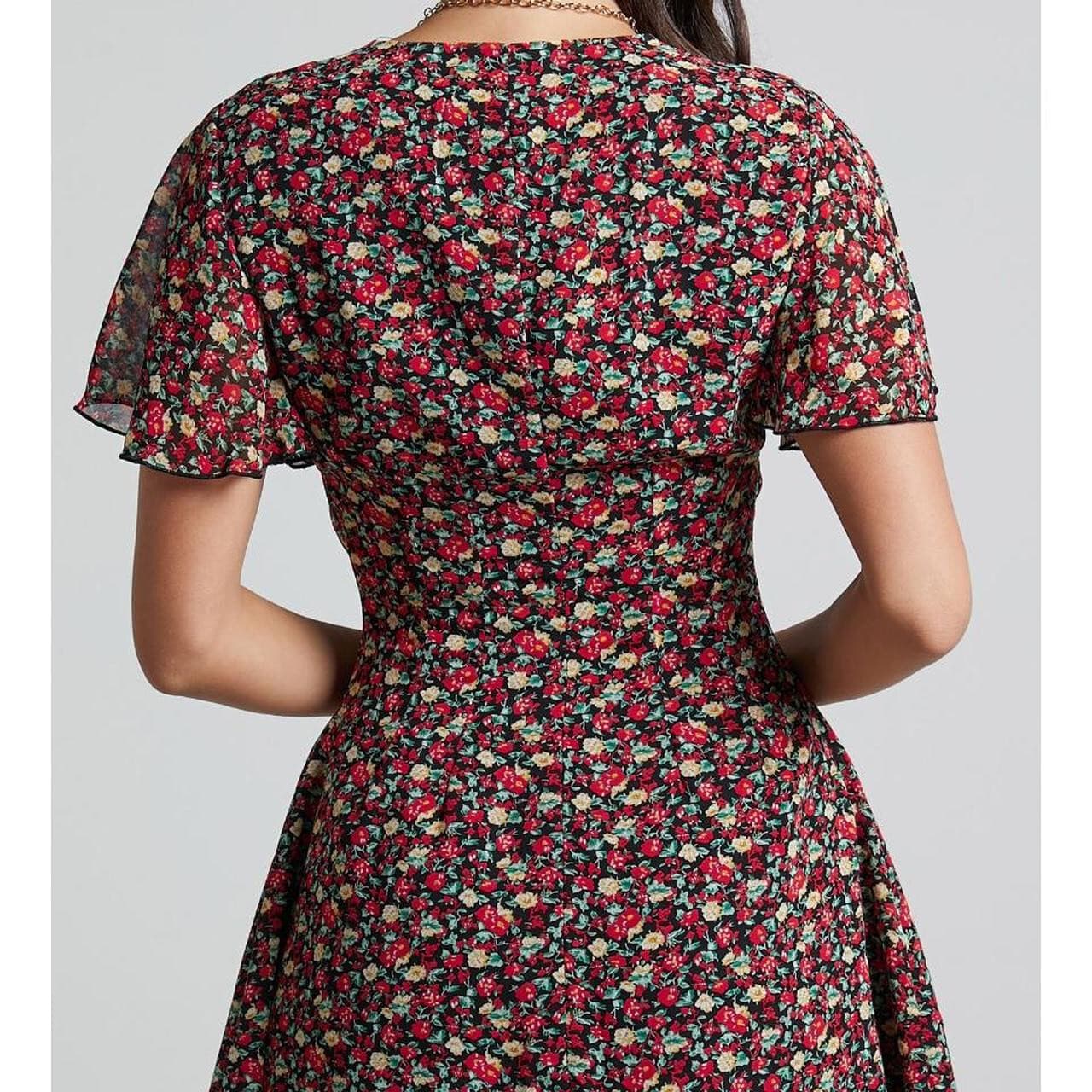 Showpo Maximum Potential Romantic Mini Dress Button Up Black Red Floral Sz.10 - Thumbnail 5