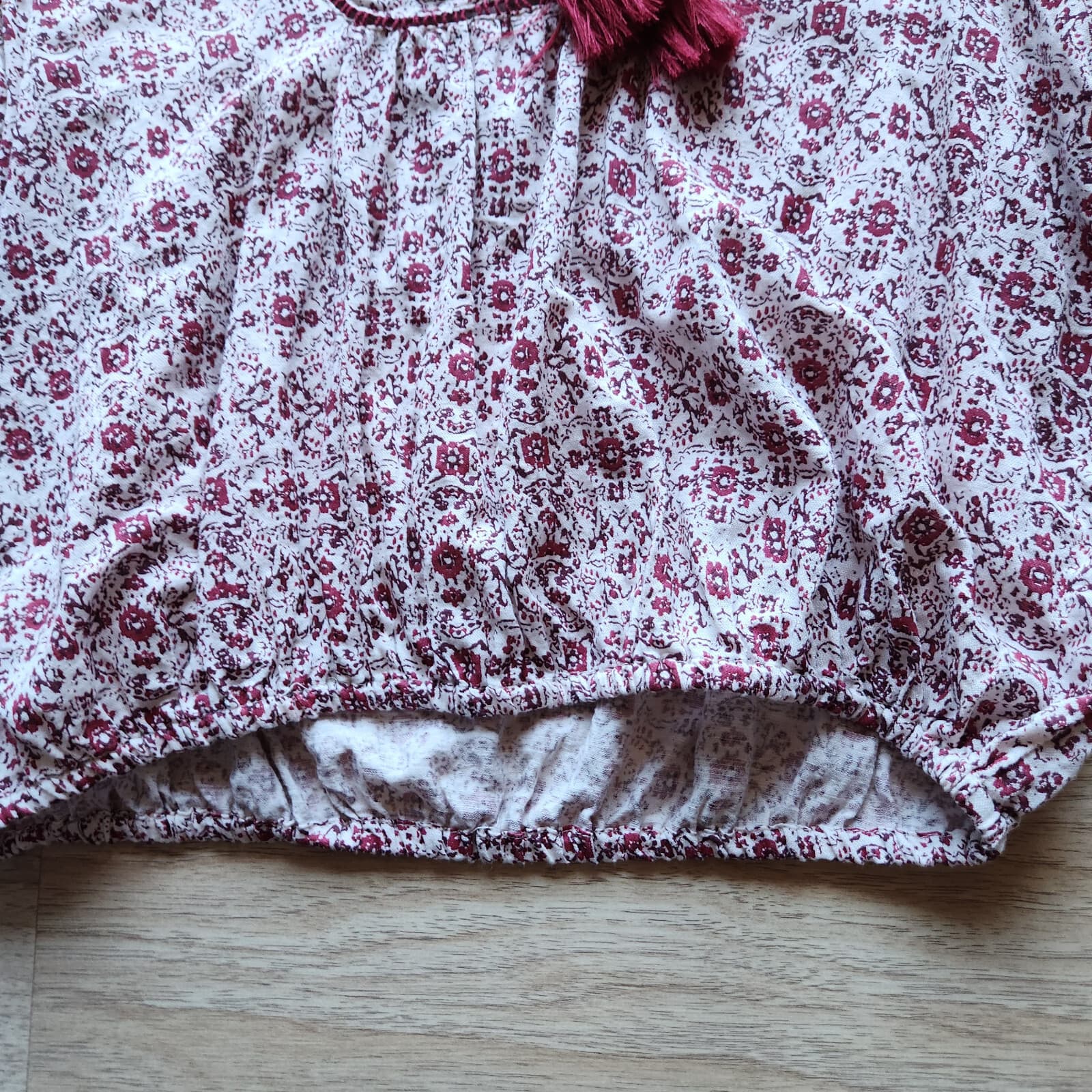 Lucky Brand Floral Peasant Boho Blouse Tassel Long Sleeve Red Cream Women's L - Thumbnail 9