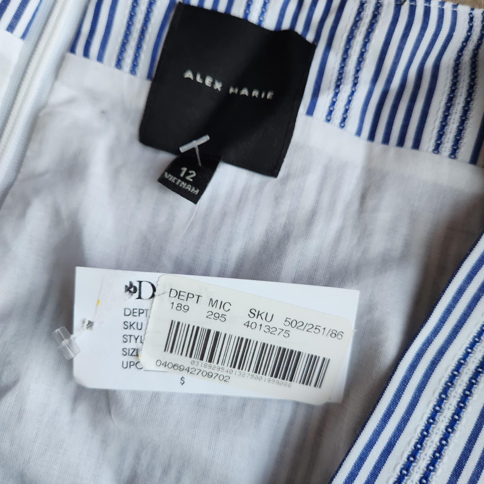 NWT Alex Marie Square Neck Striped Midi Dress Belt Melon Sleeve Blue White Sz.12 - Thumbnail 10