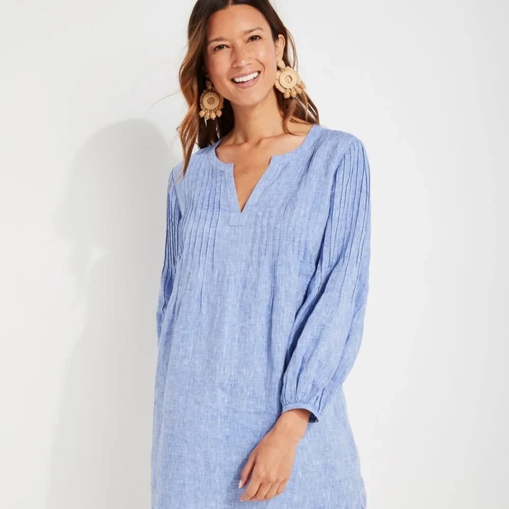Vineyard Vines Cotton Linen Pintuck Cover Up Top Mini DressLong Sleeve Blue Sz.L - Thumbnail 5