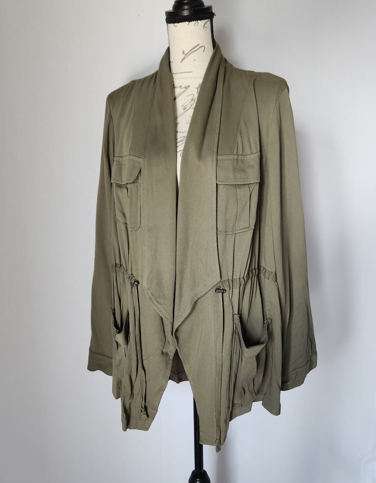 Torrid Open Front Tie-Waist Jacket Pocket Rayon Military Green Women Sz.2 (2X) - Thumbnail 2