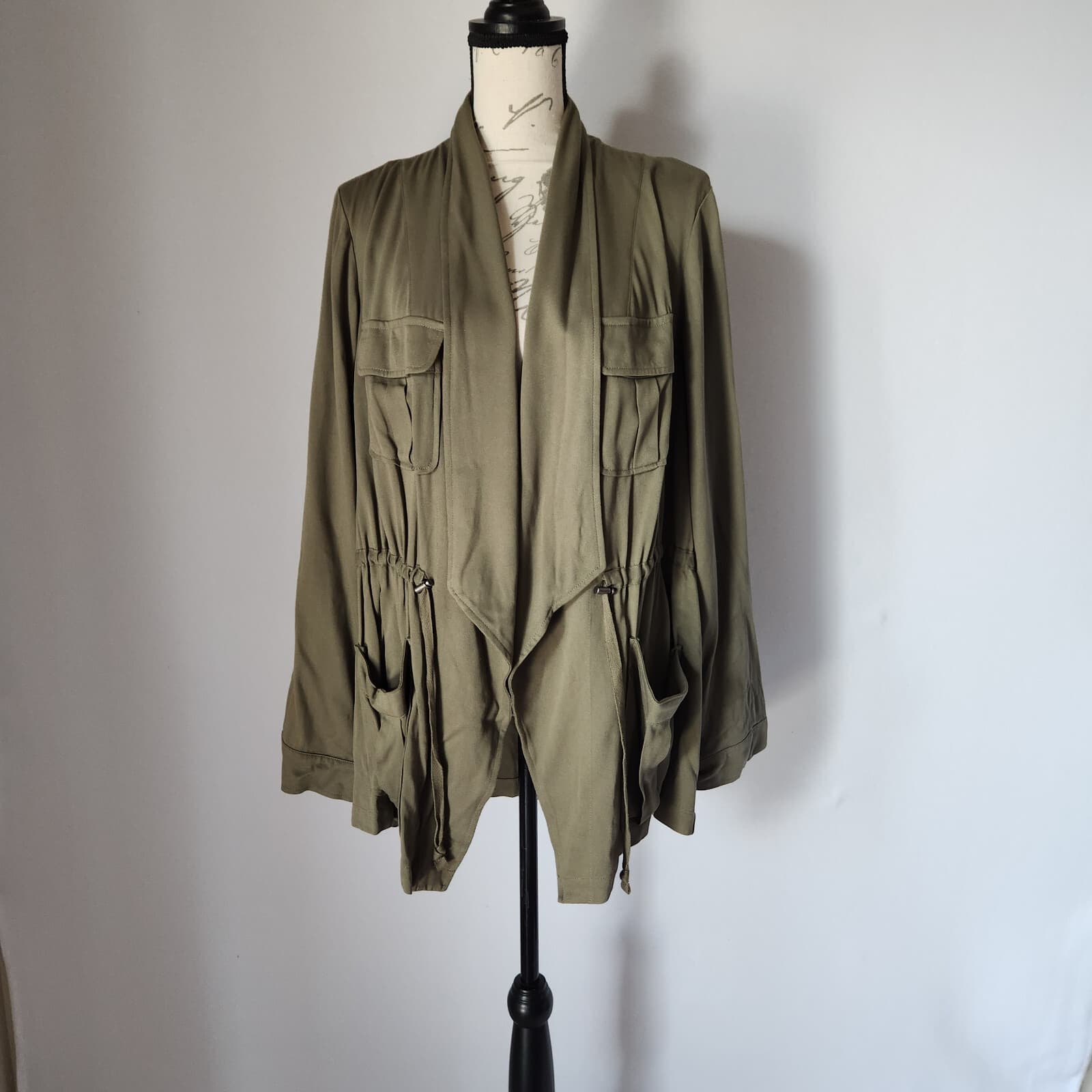 Torrid Open Front Tie-Waist Jacket Pocket Rayon Military Green Women Sz.2 (2X) - Thumbnail 3