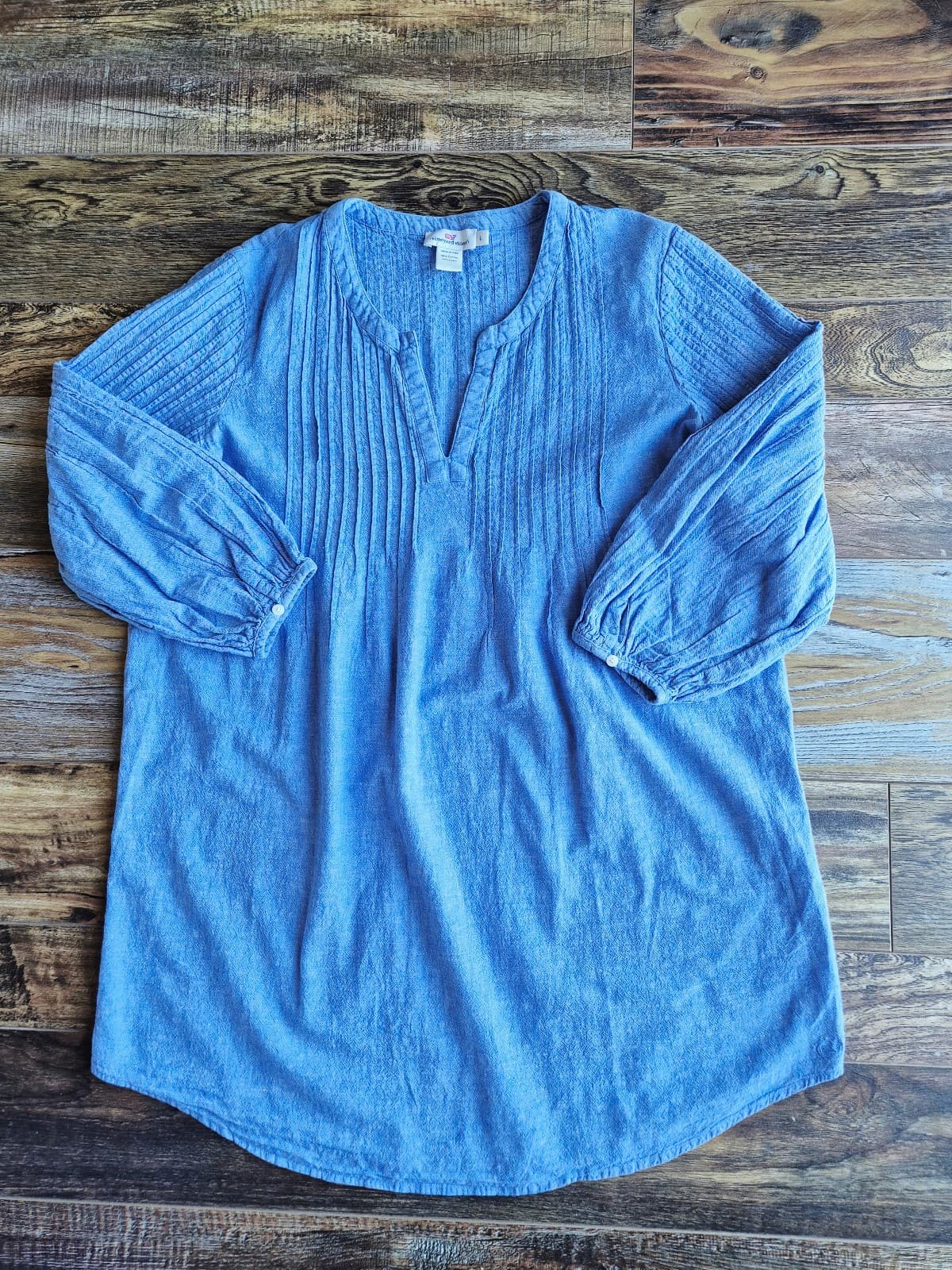 Vineyard Vines Cotton Linen Pintuck Cover Up Top Mini DressLong Sleeve Blue Sz.L - Thumbnail 6