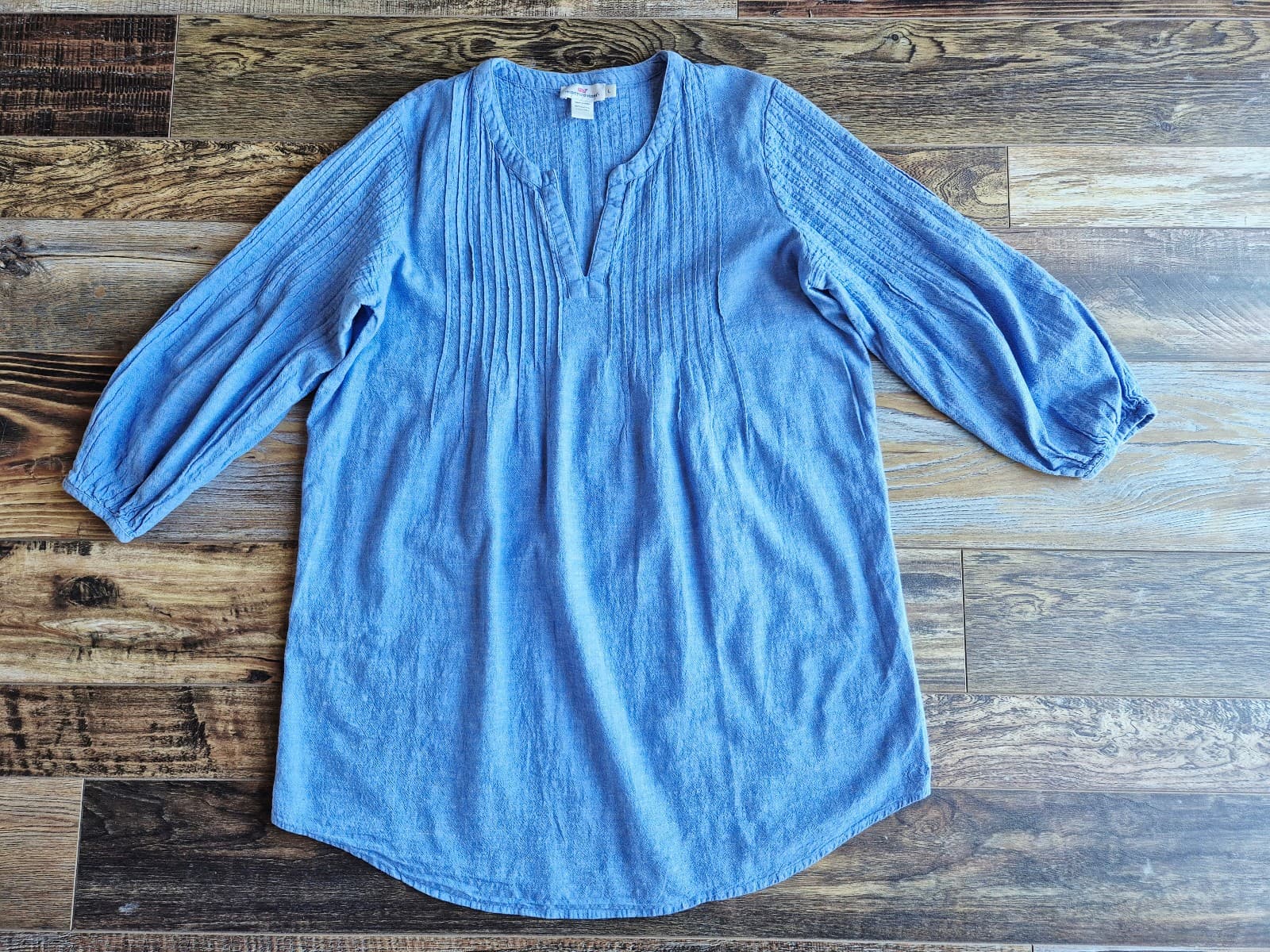 Vineyard Vines Cotton Linen Pintuck Cover Up Top Mini DressLong Sleeve Blue Sz.L - Thumbnail 3