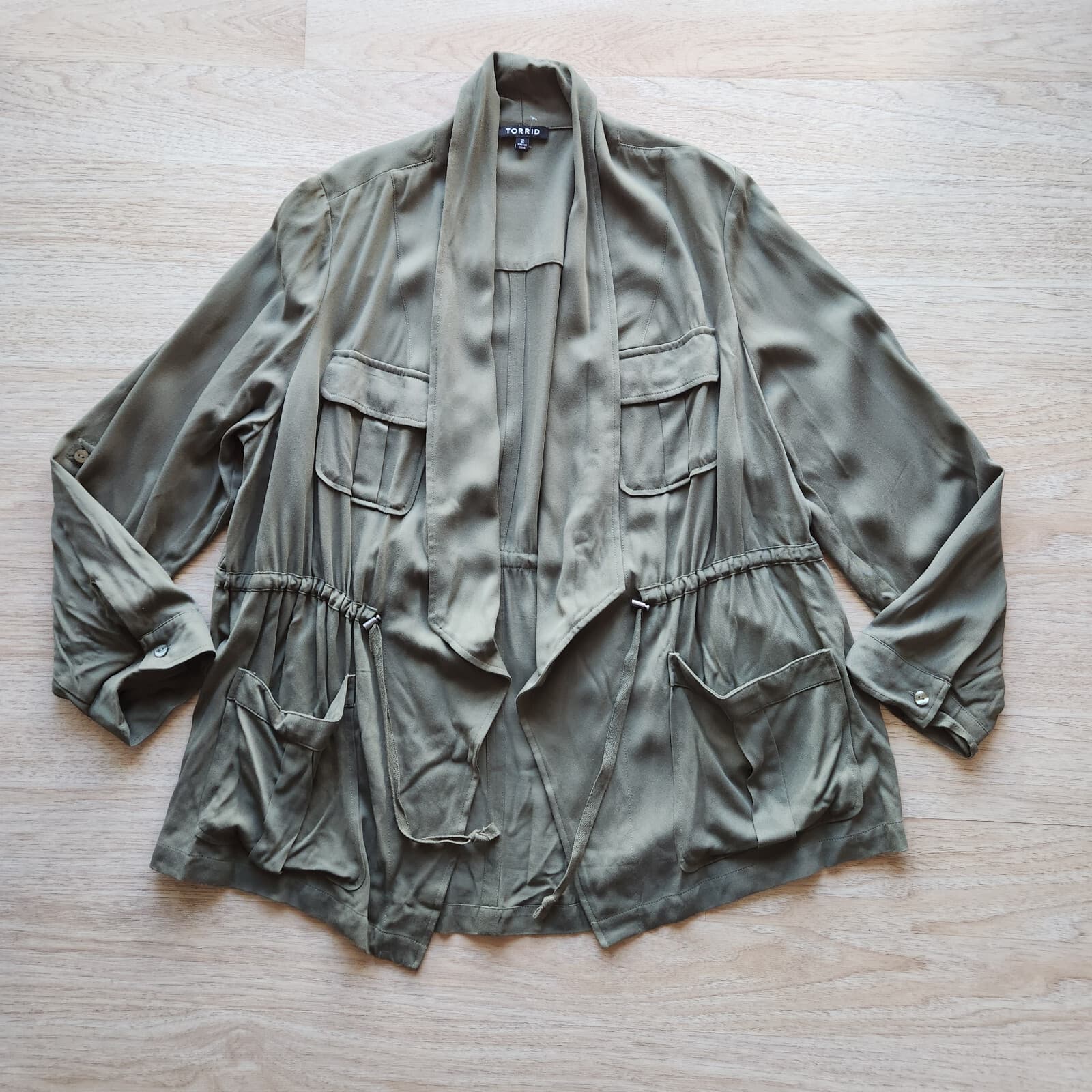 Torrid Open Front Tie-Waist Jacket Pocket Rayon Military Green Women Sz.2 (2X) - Thumbnail 5
