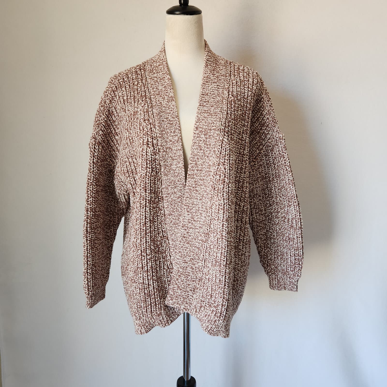 NWT Haven Well Within Chunky Ribbed Knit Open Cardigan Cotton Blend Brown Sz.L - Thumbnail 2