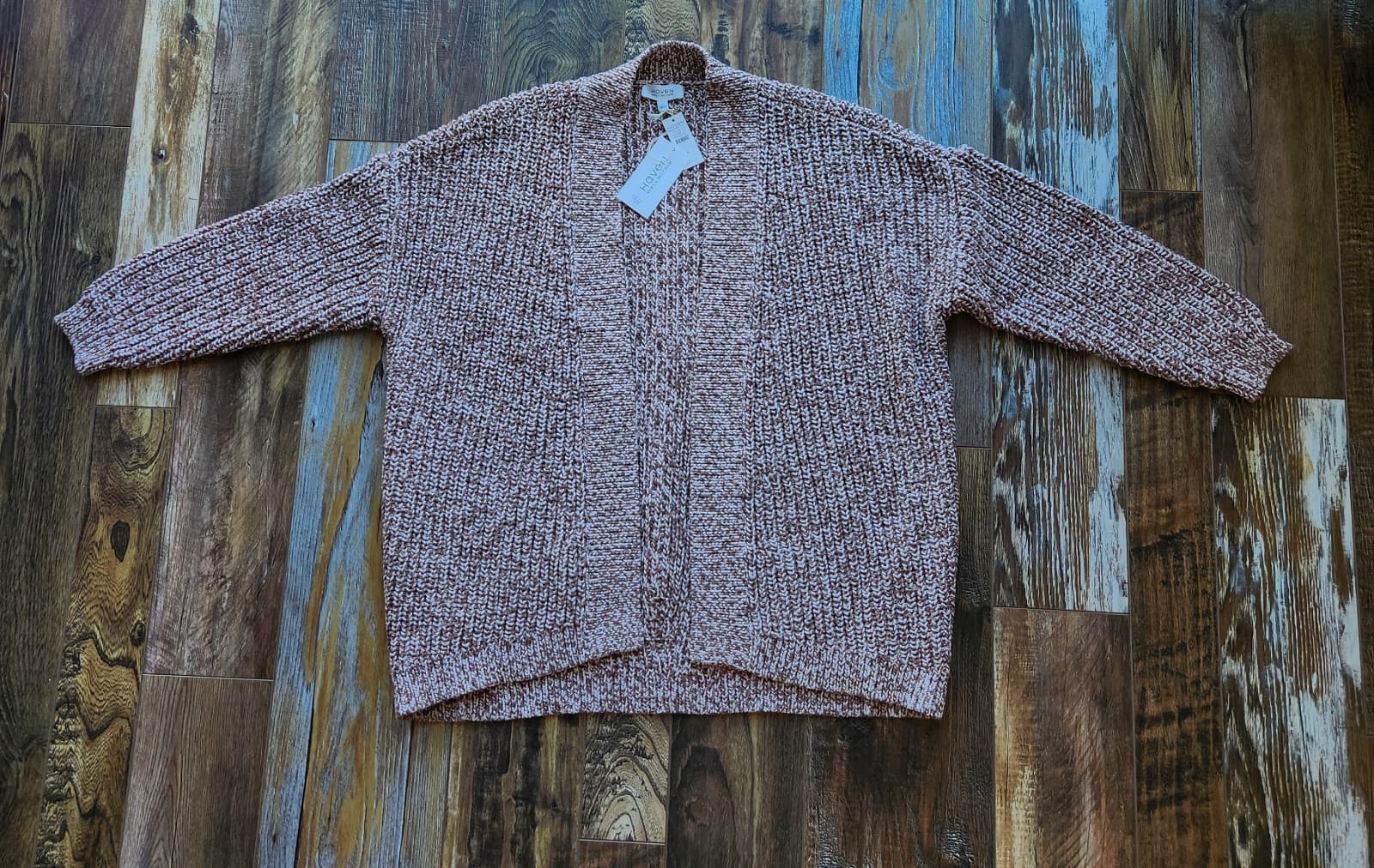 NWT Haven Well Within Chunky Ribbed Knit Open Cardigan Cotton Blend Brown Sz.L - Thumbnail 3