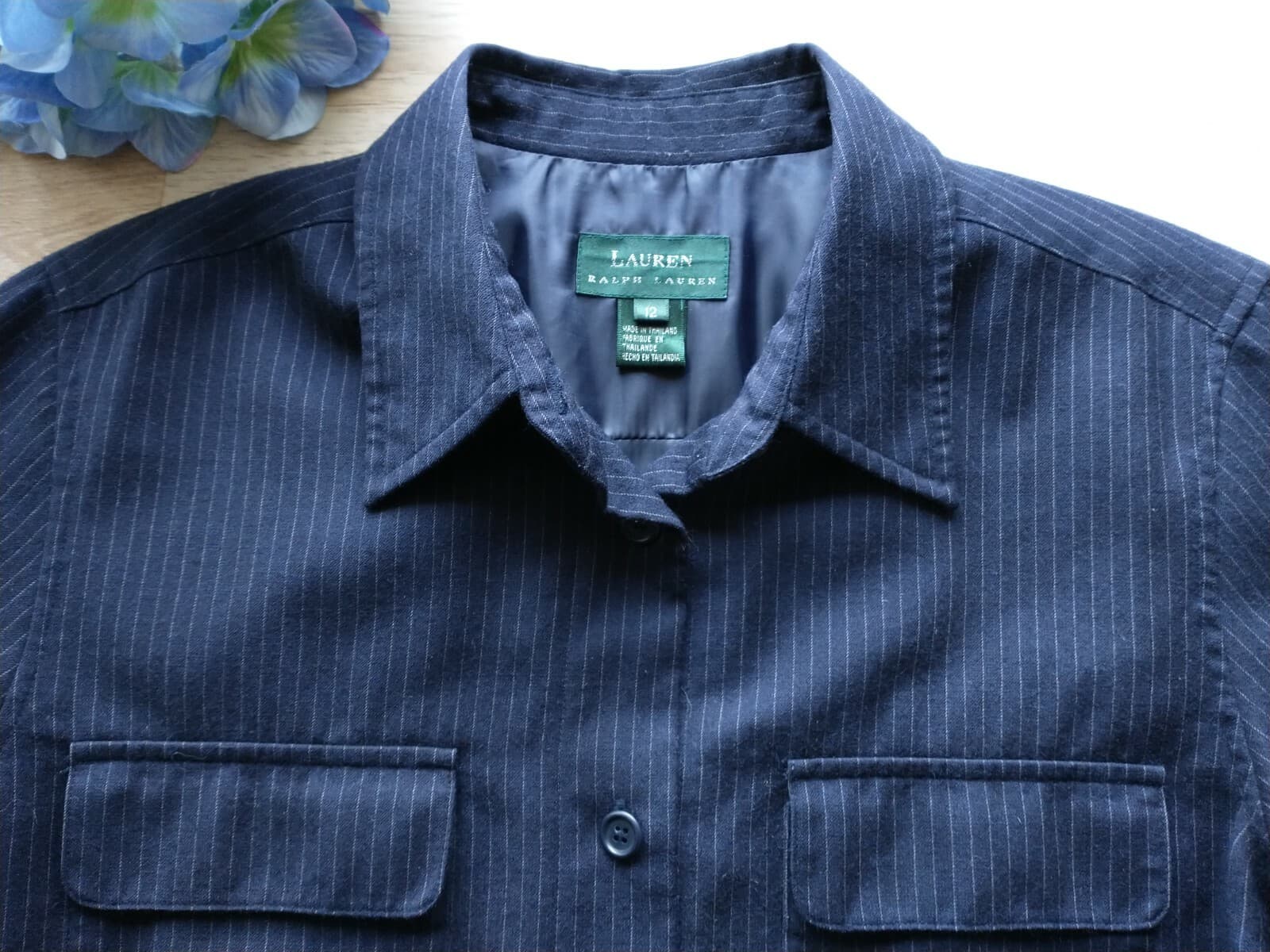 Lauren Ralph Lauren 100% Wool Shirt Jacket Button Lined Pinstripe Blue Women 12 - Thumbnail 4