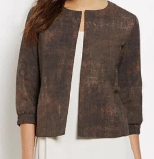 Eileen Fisher Terra Silk Print Bomber Jacket Padding Open Front Brown-Rye Sz.M - Thumbnail 6