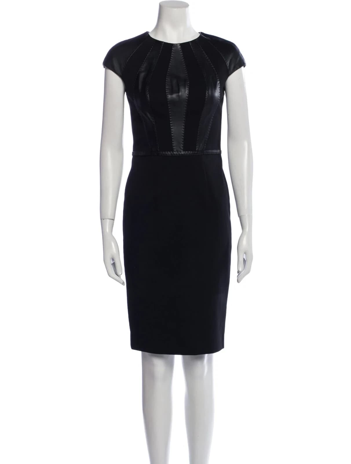 NWT ESCADA Lamb Leather Panel Cap Sleeve Sheath Dress Knee Length Black Sz.40 - Thumbnail 8