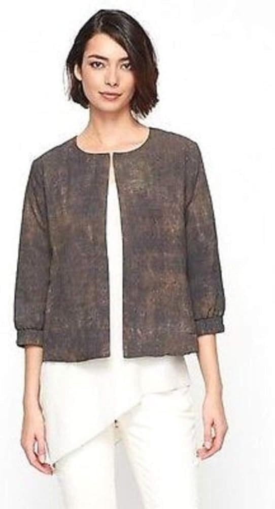 Eileen Fisher Terra Silk Print Bomber Jacket Padding Open Front Brown-Rye Sz.M - Thumbnail 5