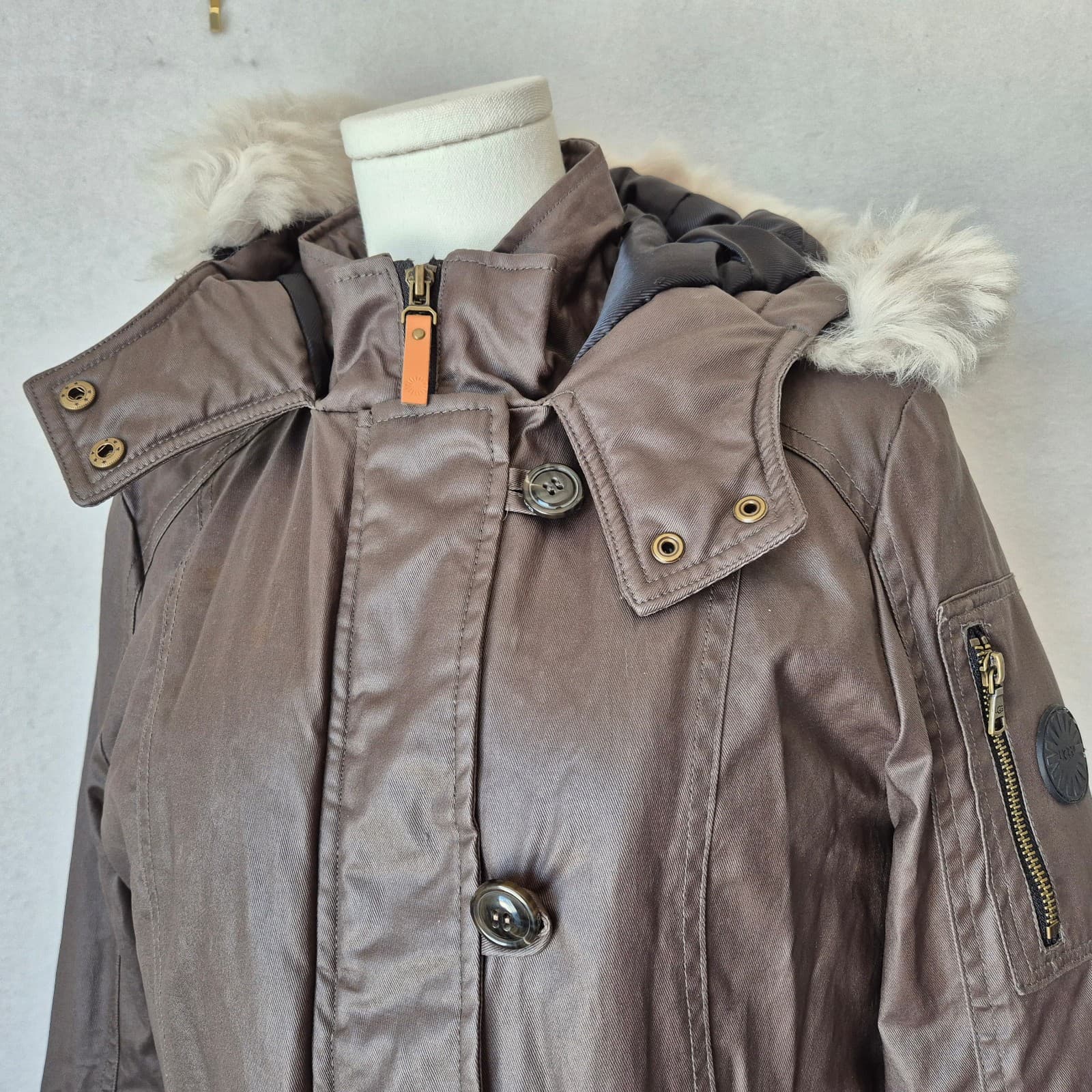 UGG Down Removeable Lamb Fur Trim Hooded Parka Winter Coat Jacket Brown Womens S - Thumbnail 4