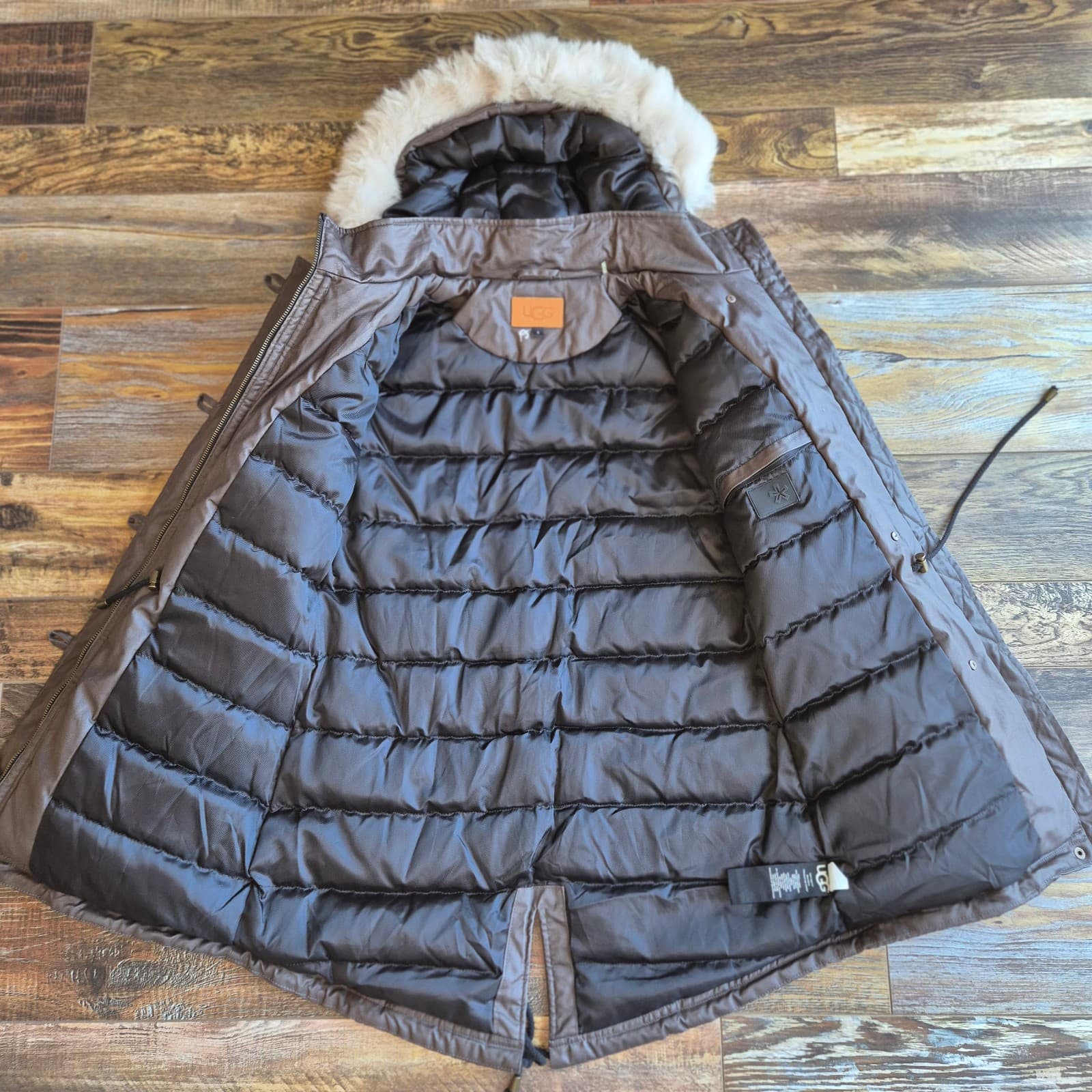 UGG Down Removeable Lamb Fur Trim Hooded Parka Winter Coat Jacket Brown Womens S - Thumbnail 12