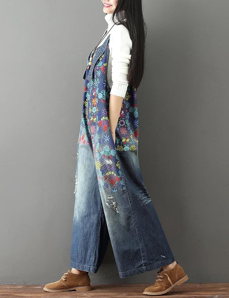 NWT Yeokou Floral Painted Loose Baggy Distressed Denim Overalls Pocket Blue O/S - Thumbnail 5