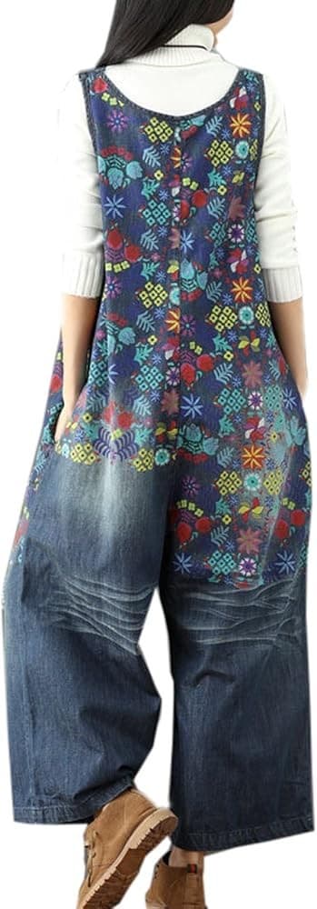 NWT Yeokou Floral Painted Loose Baggy Distressed Denim Overalls Pocket Blue O/S - Thumbnail 6
