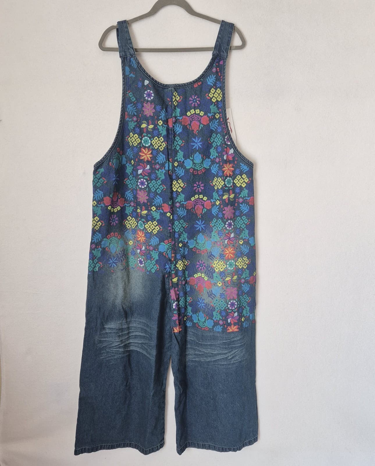 NWT Yeokou Floral Painted Loose Baggy Distressed Denim Overalls Pocket Blue O/S - Thumbnail 7