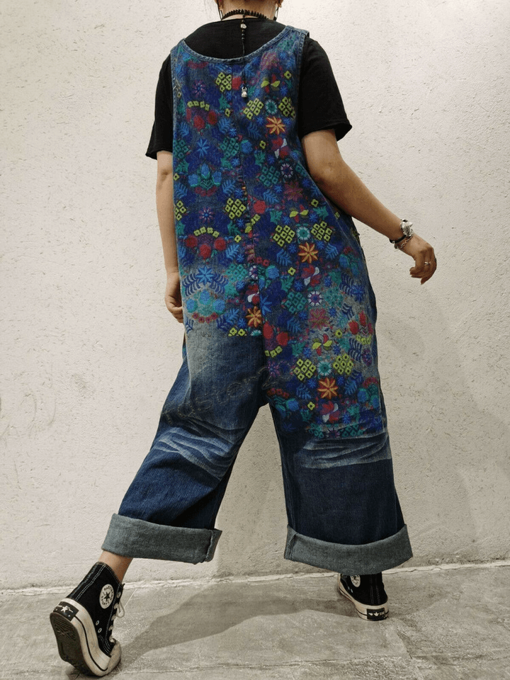 NWT Yeokou Floral Painted Loose Baggy Distressed Denim Overalls Pocket Blue O/S - Thumbnail 8