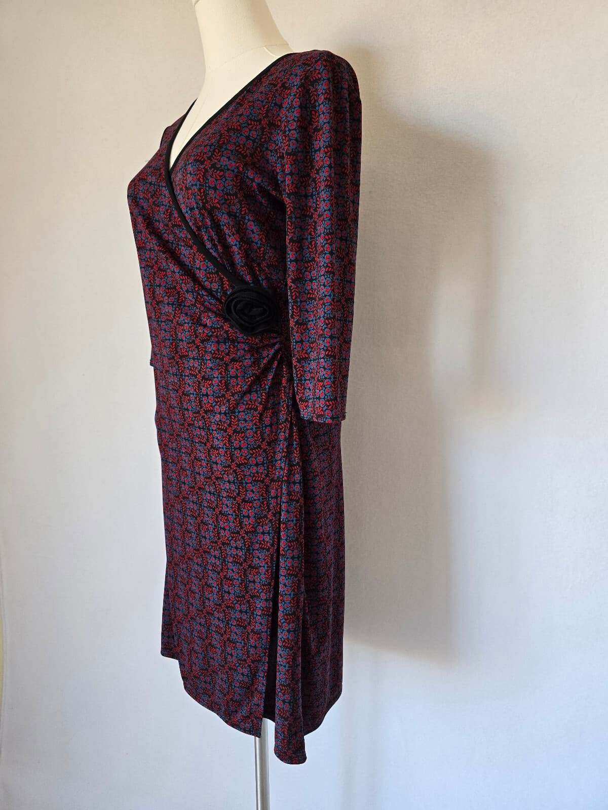 Vintage Y2K MAX Studio Made in USA Floral Jersey Faux Wrap Dress Red Blue Sz.SP - Thumbnail 4