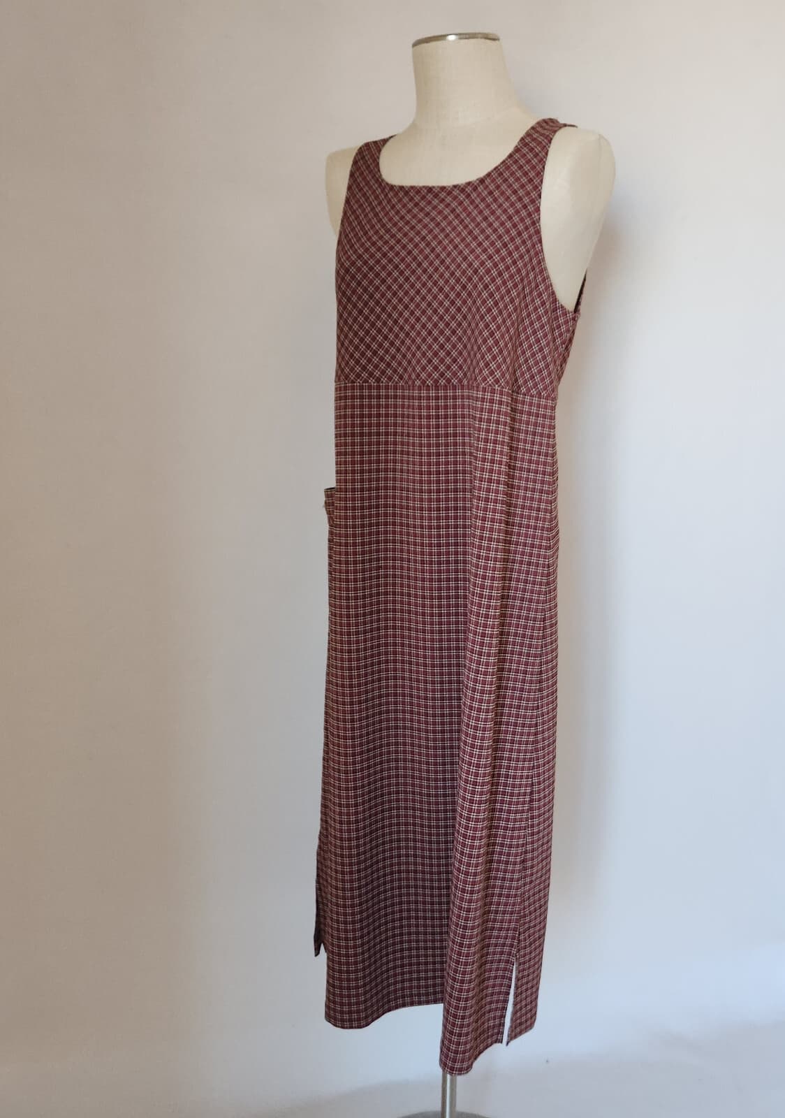 Vintage Talbots USA Crinkle Plaid Jumper Midi Dress Sleeveless Pocket Red Sz.P8 - Thumbnail 3