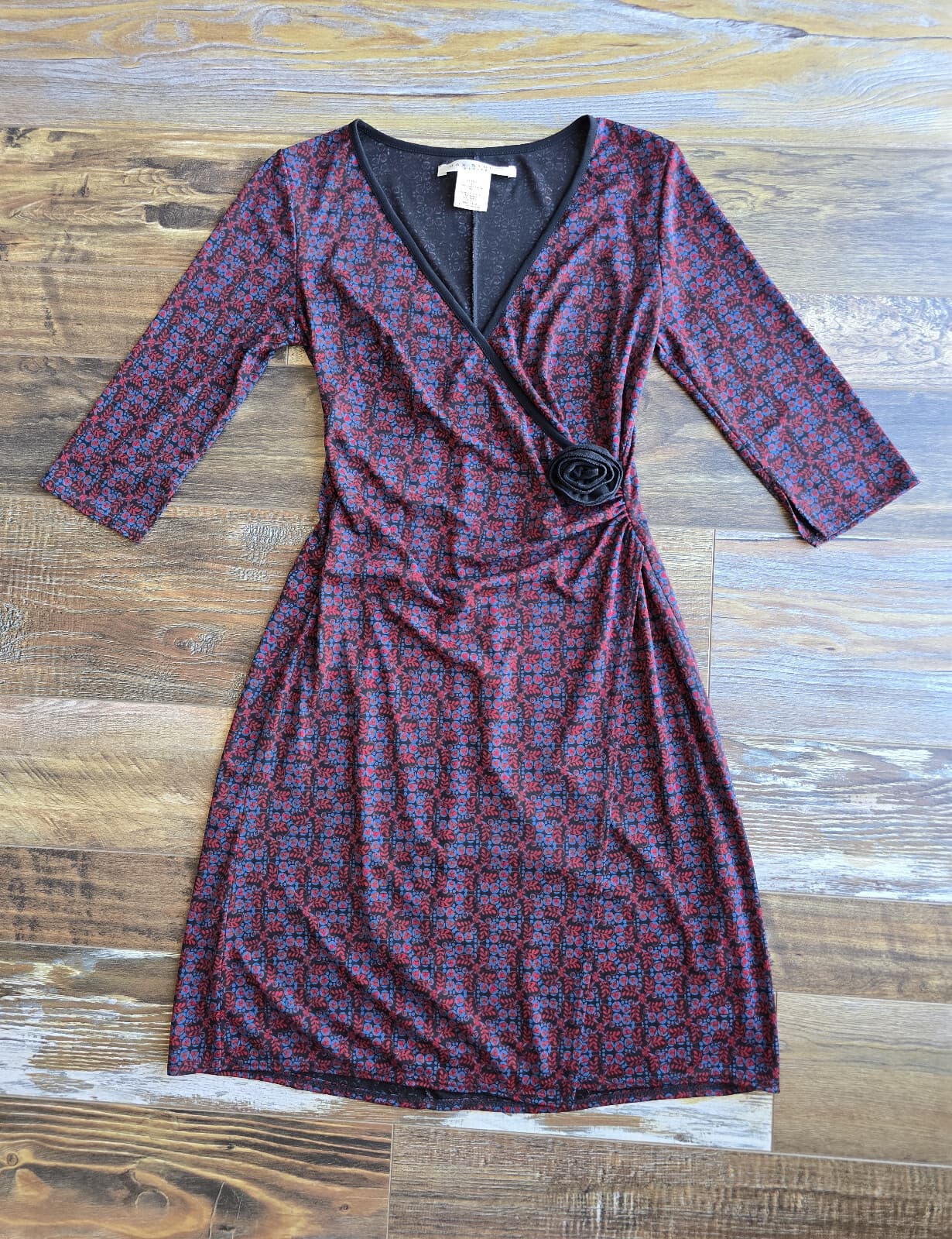 Vintage Y2K MAX Studio Made in USA Floral Jersey Faux Wrap Dress Red Blue Sz.SP - Thumbnail 3