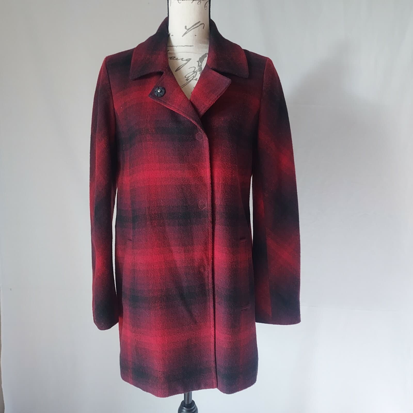 J.Jill Wool Blend Red Buffalo Plaid Pea Coat Jacket Snap Pocket Lined Women Sz.S - Thumbnail 3