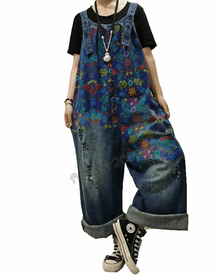 NWT Yeokou Floral Painted Loose Baggy Distressed Denim Overalls Pocket Blue O/S - Thumbnail 9