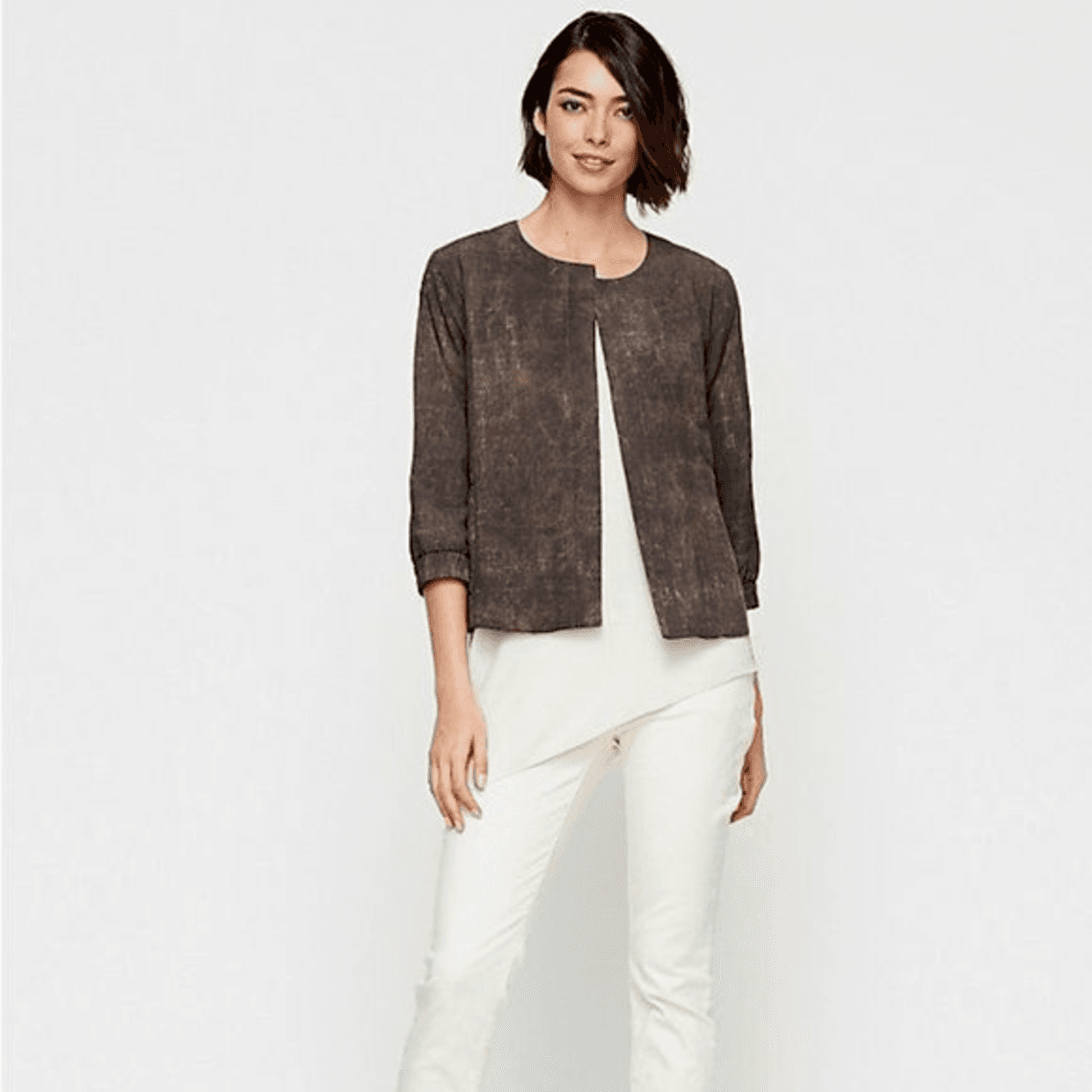 Eileen Fisher Terra Silk Print Bomber Jacket Padding Open Front Brown-Rye Sz.M - Thumbnail 4