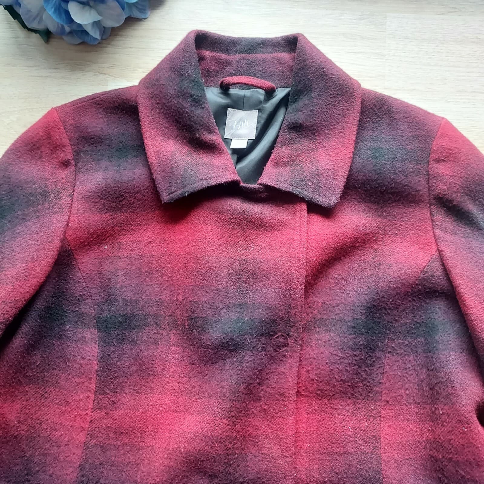 J.Jill Wool Blend Red Buffalo Plaid Pea Coat Jacket Snap Pocket Lined Women Sz.S - Thumbnail 7