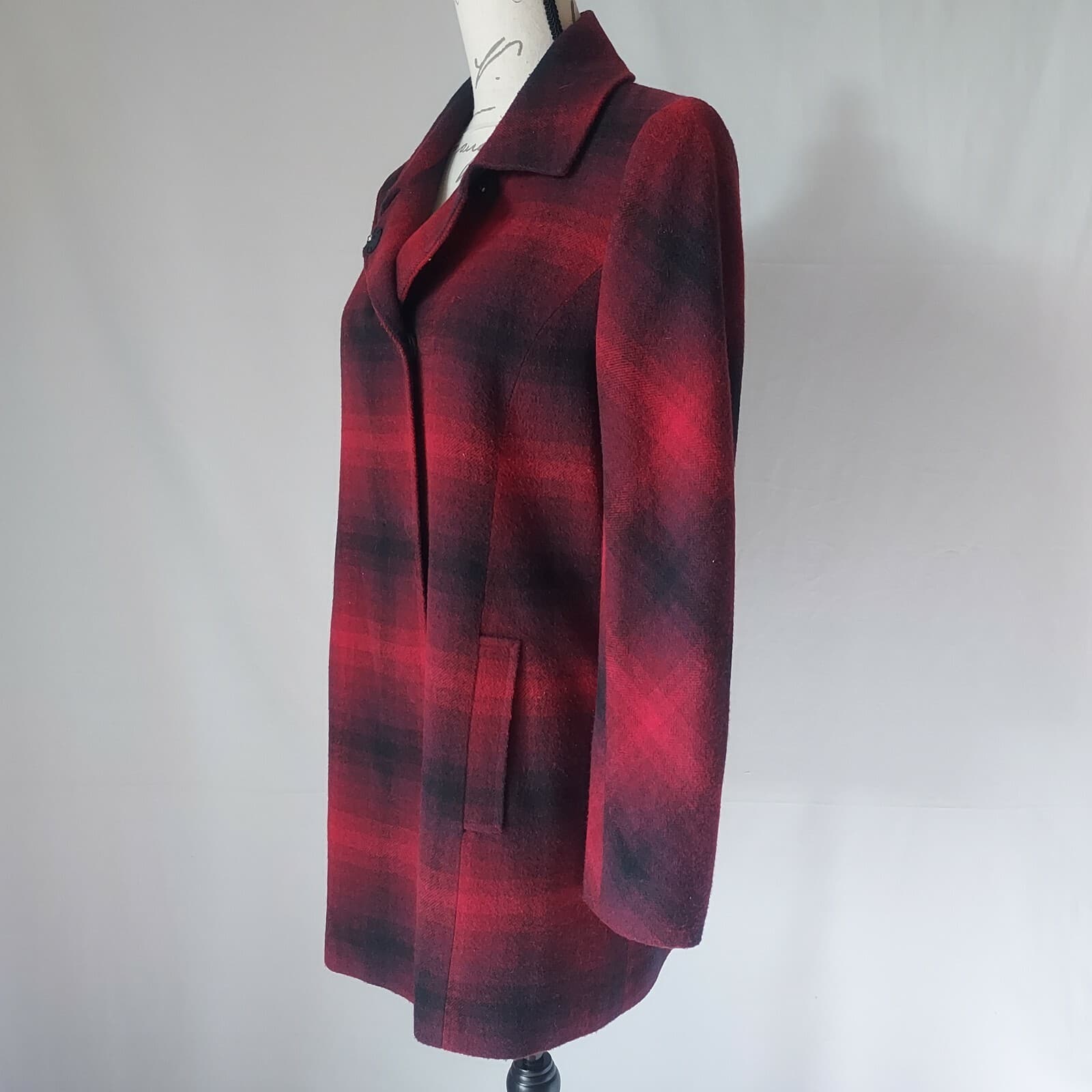 J.Jill Wool Blend Red Buffalo Plaid Pea Coat Jacket Snap Pocket Lined Women Sz.S - Thumbnail 4
