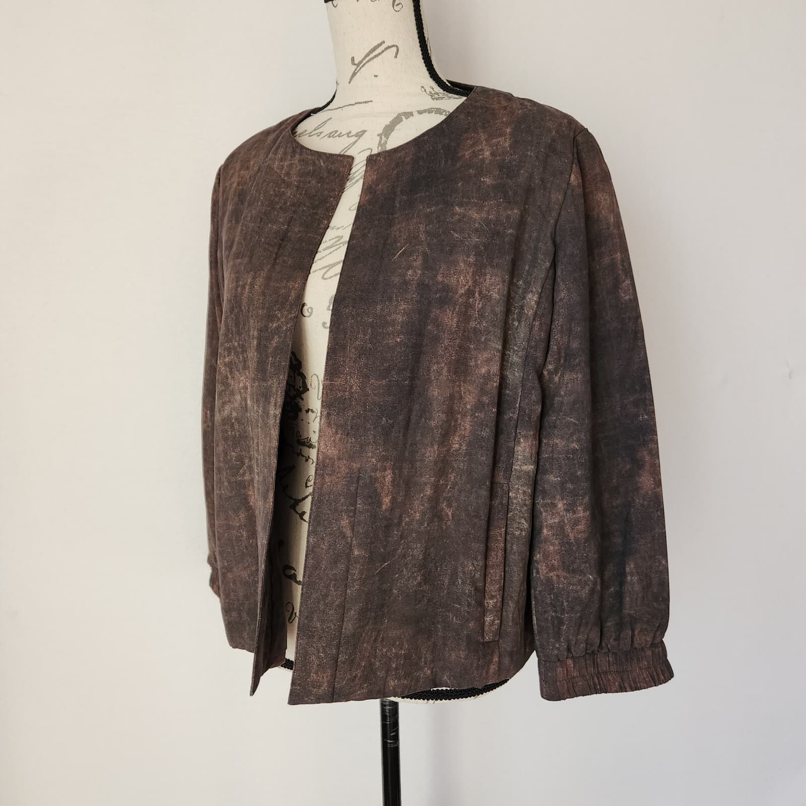 Eileen Fisher Terra Silk Print Bomber Jacket Padding Open Front Brown-Rye Sz.M - Thumbnail 2