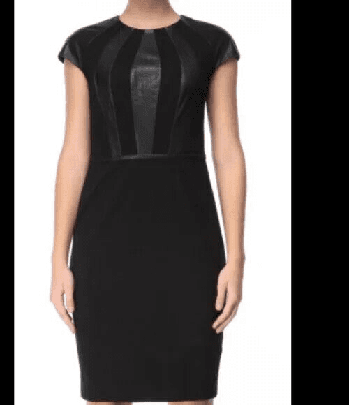 NWT ESCADA Lamb Leather Panel Cap Sleeve Sheath Dress Knee Length Black Sz.40 - Thumbnail 9
