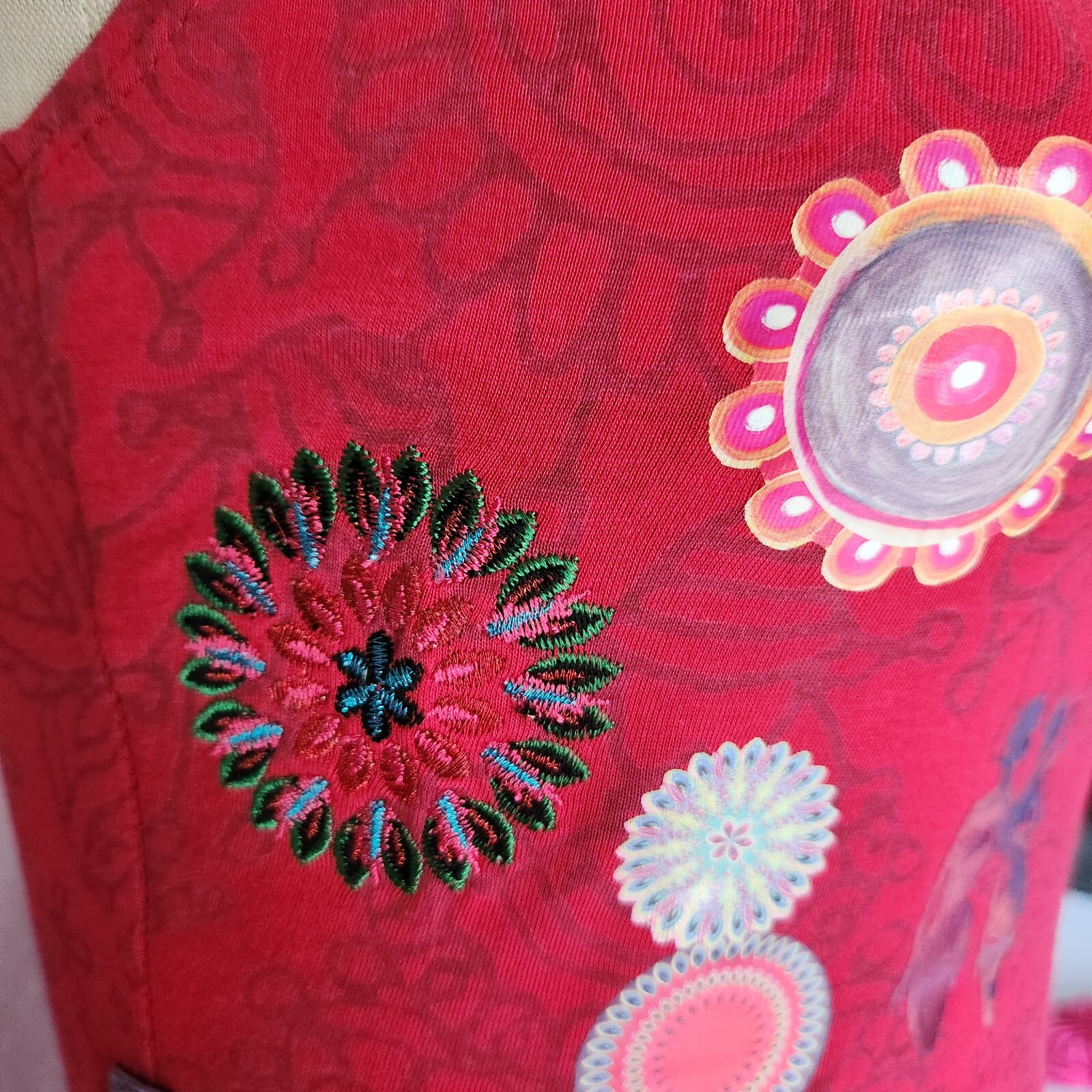 Desigual Embroidered Graphic Artwear Fit-Flare Summer Dress Sleeveless Red Sz.S - Thumbnail 6