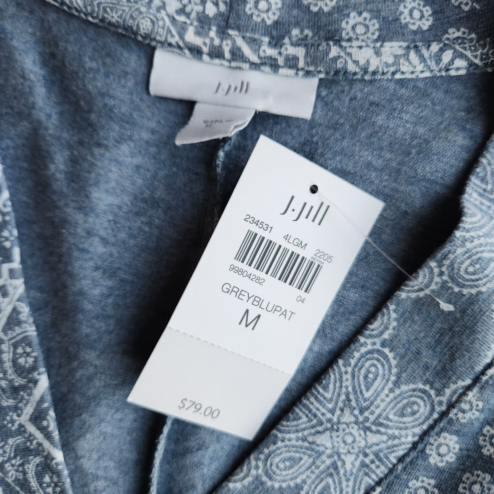 NWT J.Jill $79 Coastal Bandana Print Knit Shift Dress Pocket Grey Blue Women's M - Thumbnail 7