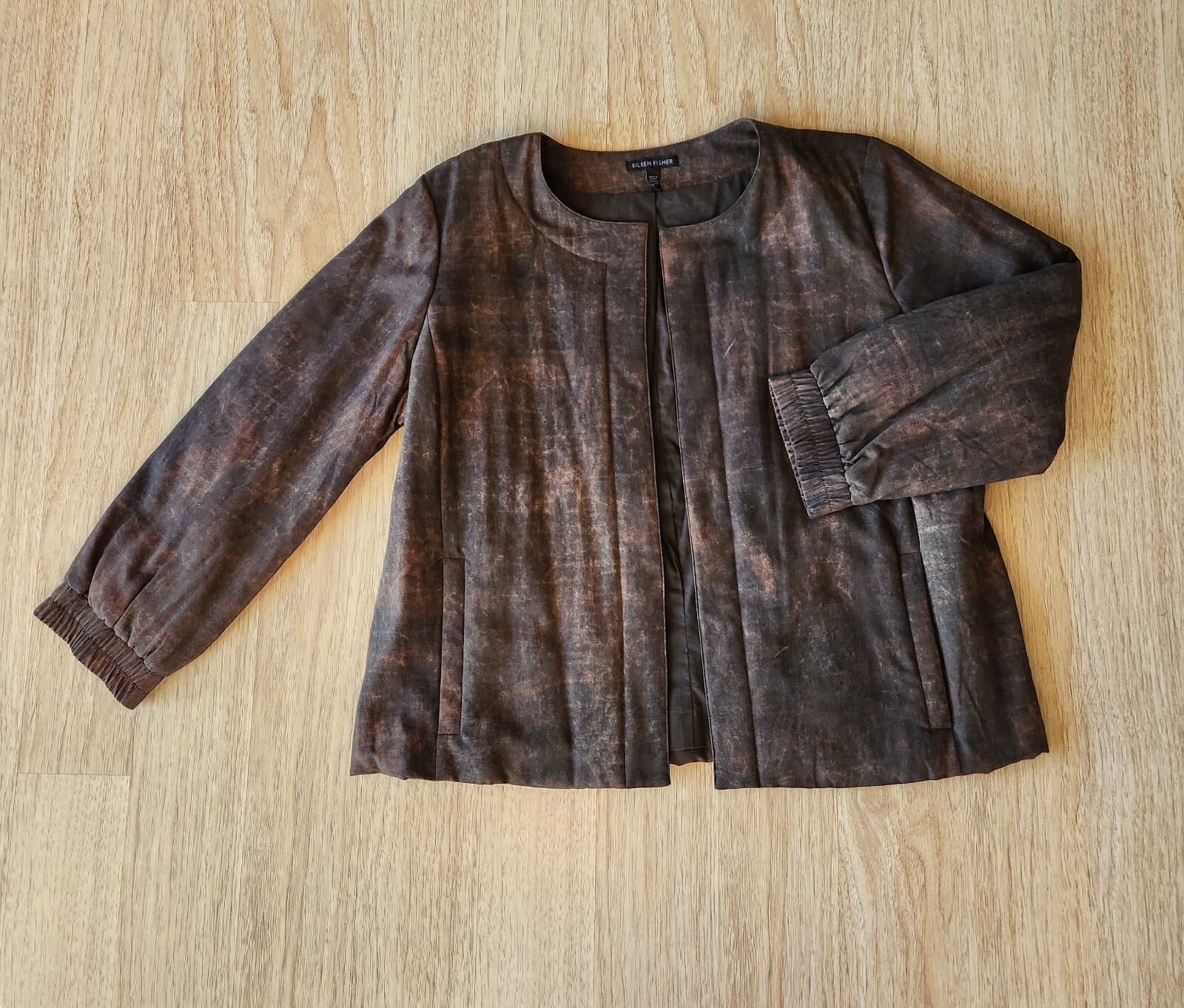 Eileen Fisher Terra Silk Print Bomber Jacket Padding Open Front Brown-Rye Sz.M - Thumbnail 3