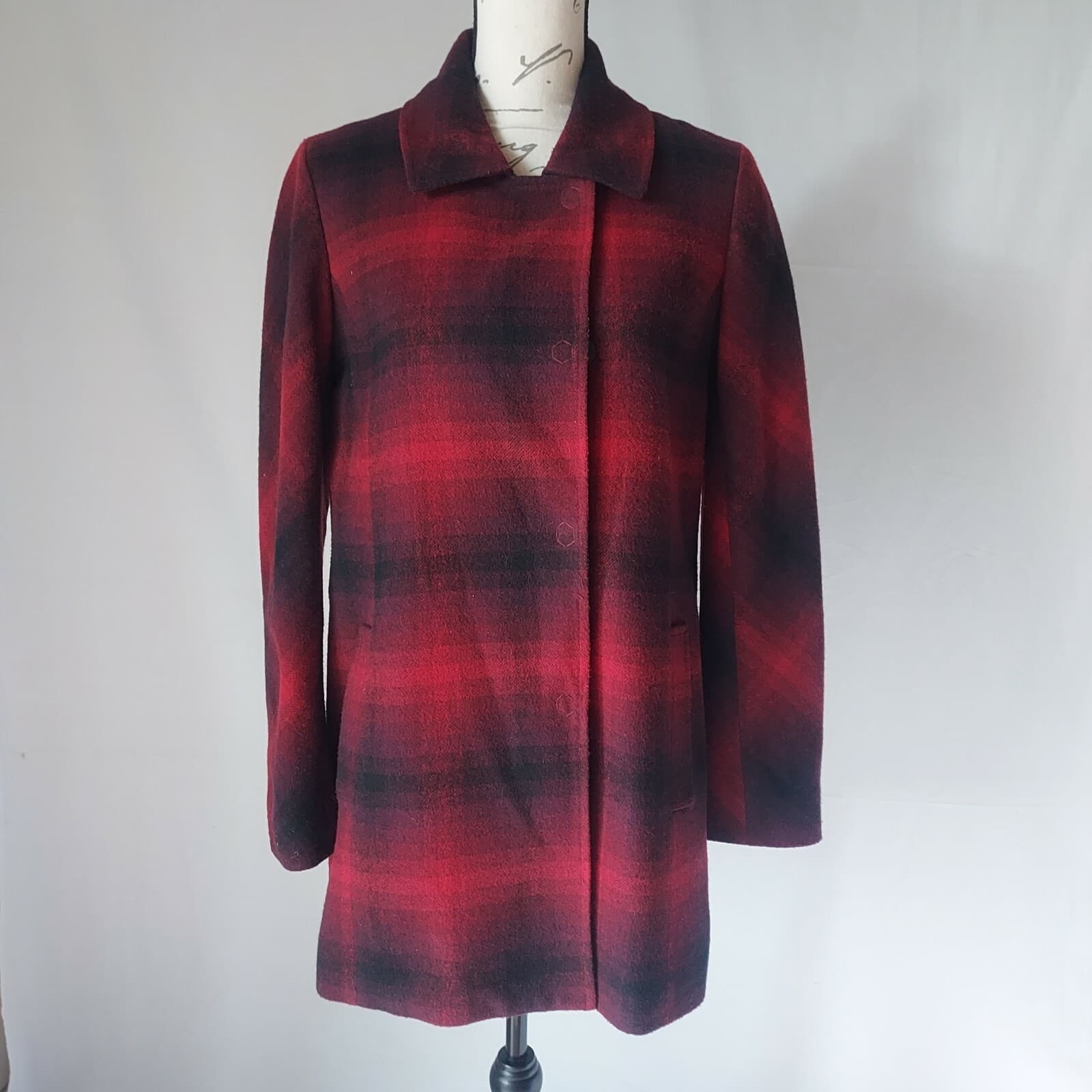 J.Jill Wool Blend Red Buffalo Plaid Pea Coat Jacket Snap Pocket Lined Women Sz.S - Thumbnail 2