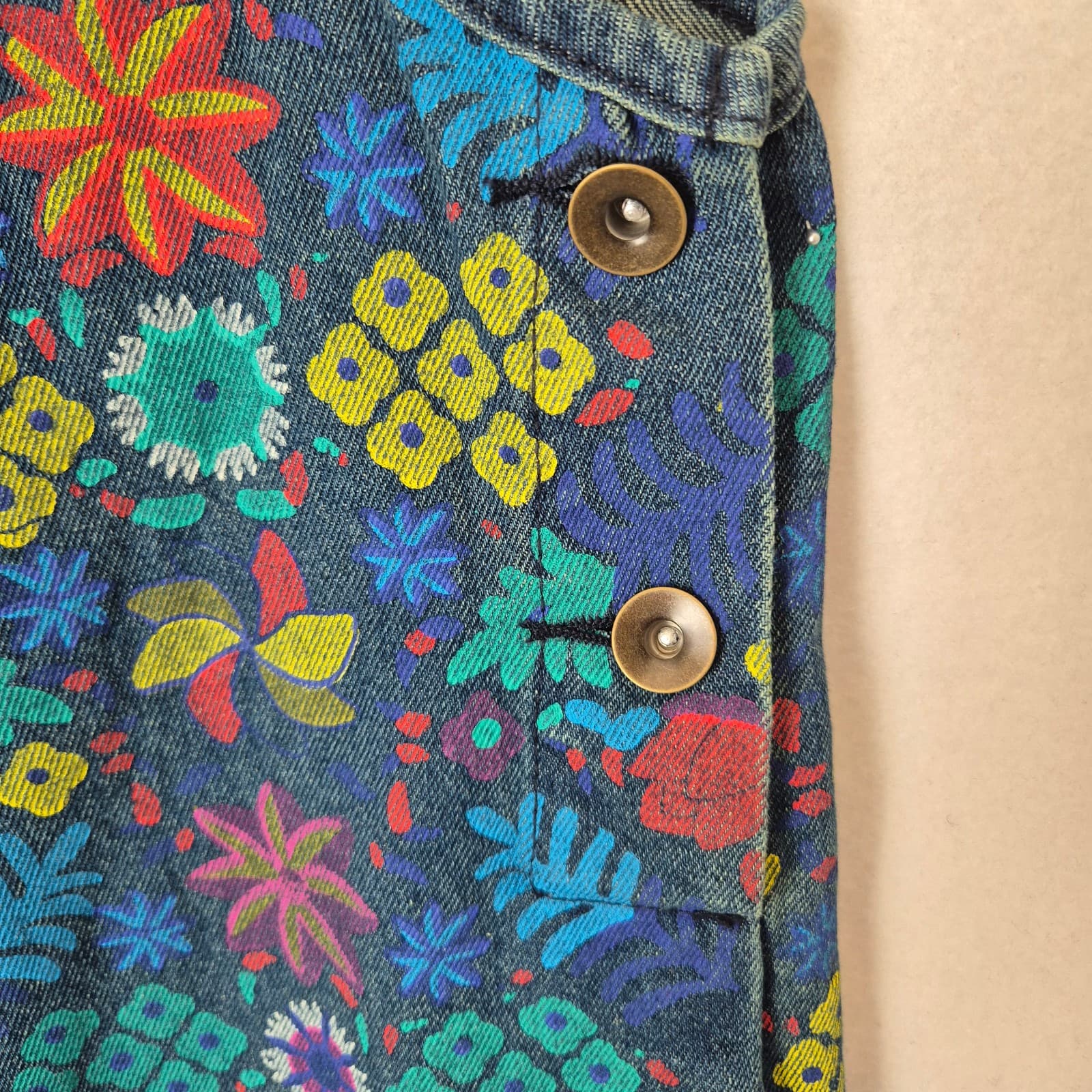 NWT Yeokou Floral Painted Loose Baggy Distressed Denim Overalls Pocket Blue O/S - Thumbnail 11