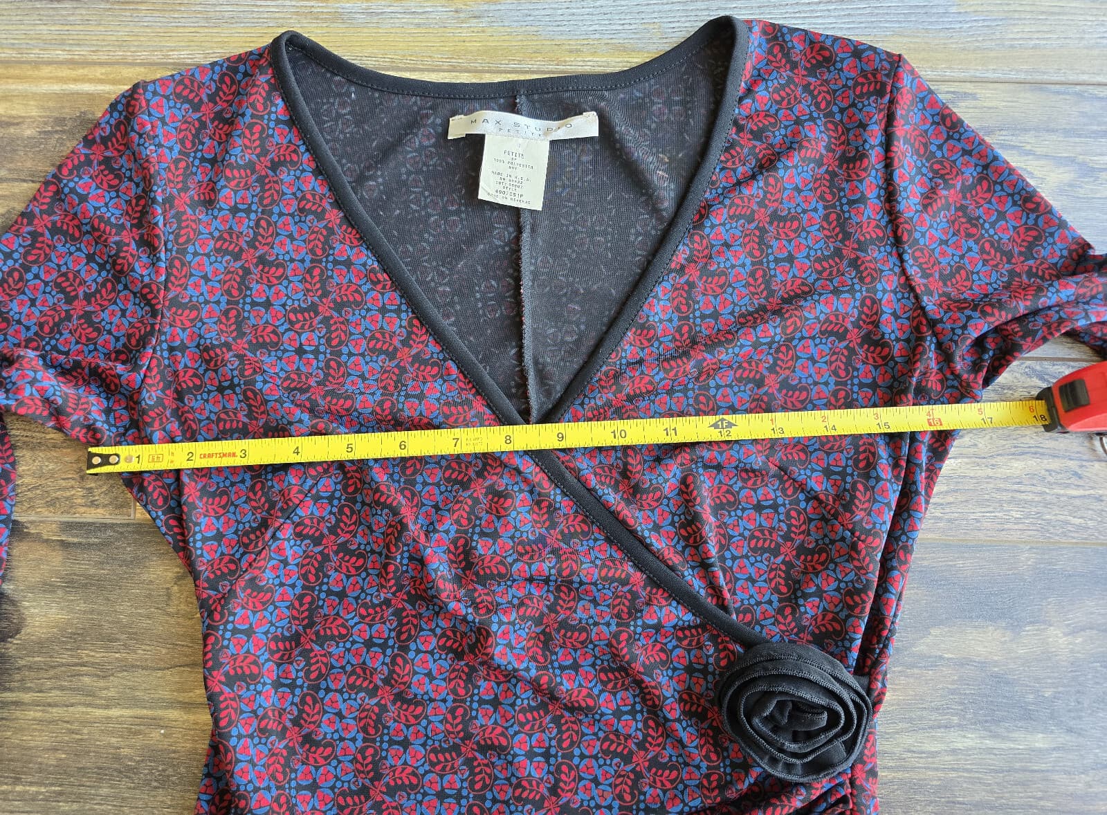 Vintage Y2K MAX Studio Made in USA Floral Jersey Faux Wrap Dress Red Blue Sz.SP - Thumbnail 11