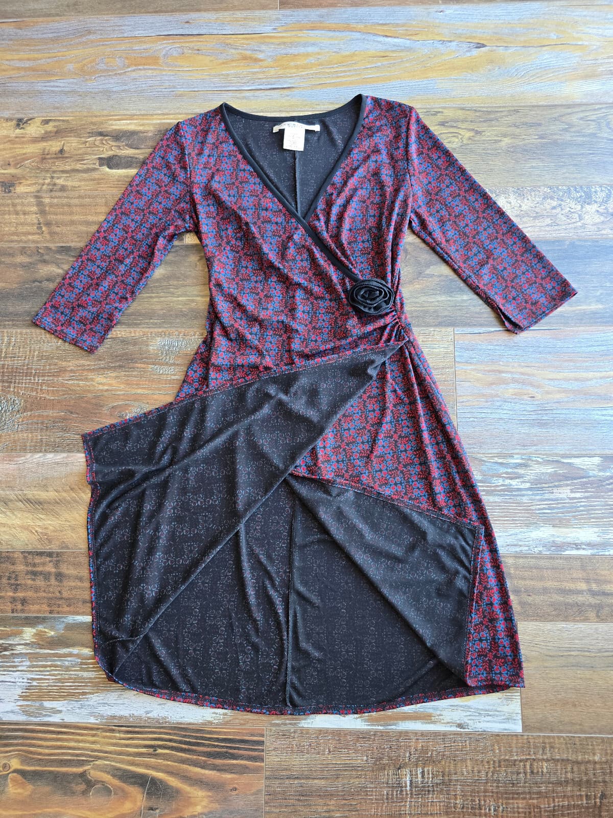 Vintage Y2K MAX Studio Made in USA Floral Jersey Faux Wrap Dress Red Blue Sz.SP - Thumbnail 7