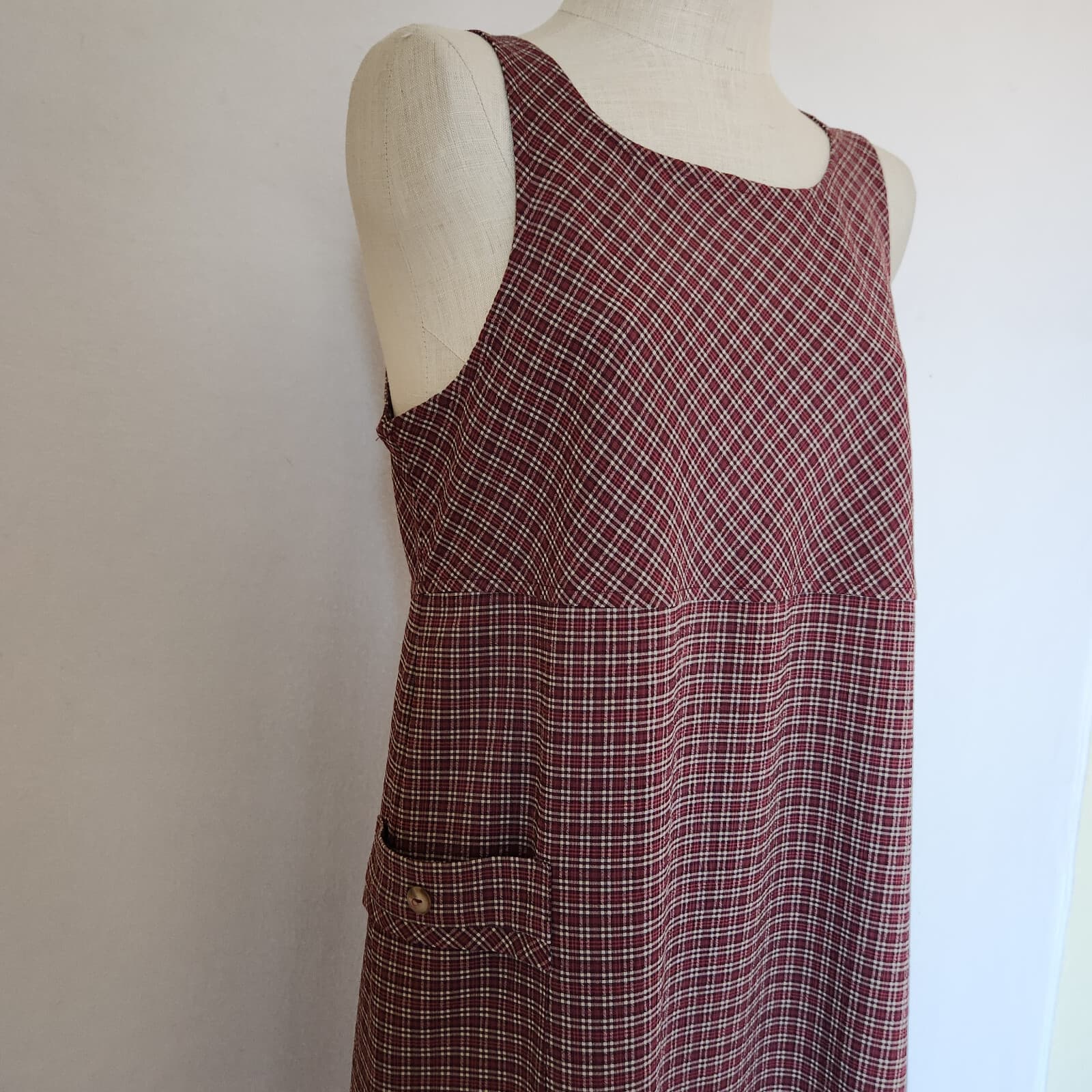 Vintage Talbots USA Crinkle Plaid Jumper Midi Dress Sleeveless Pocket Red Sz.P8 - Thumbnail 2