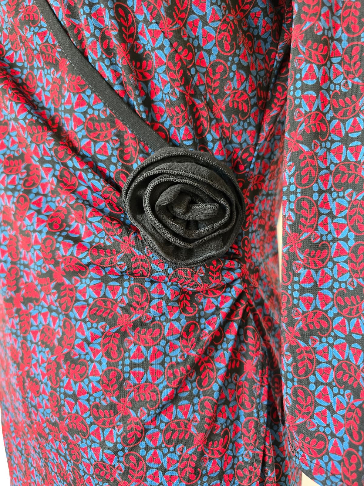 Vintage Y2K MAX Studio Made in USA Floral Jersey Faux Wrap Dress Red Blue Sz.SP - Thumbnail 5