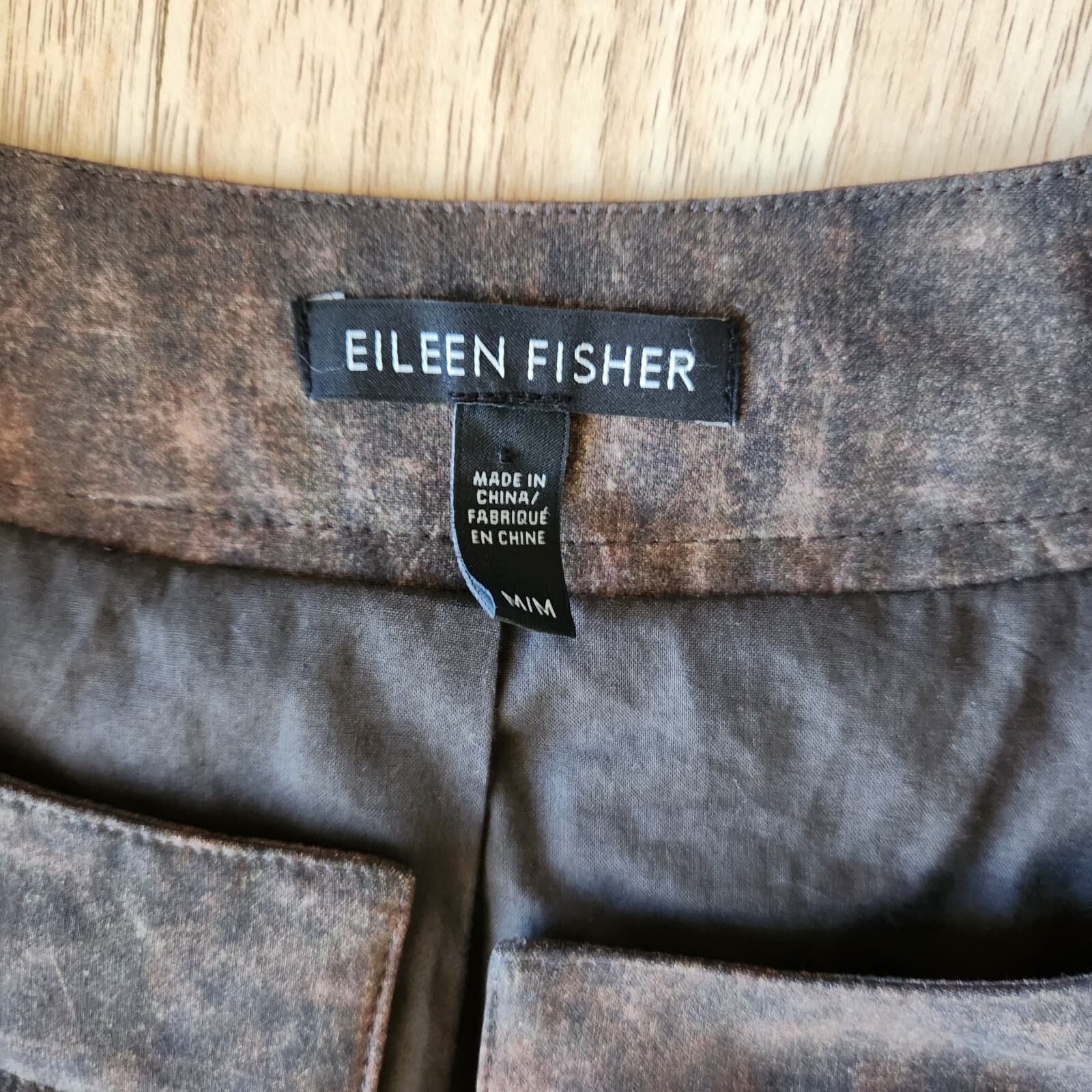 Eileen Fisher Terra Silk Print Bomber Jacket Padding Open Front Brown-Rye Sz.M - Thumbnail 10