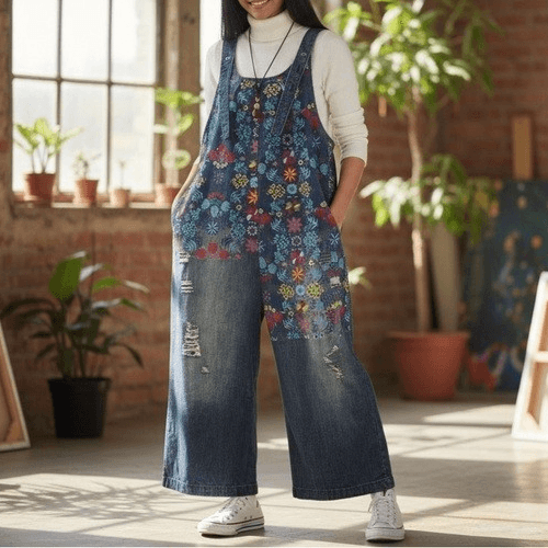 NWT Yeokou Floral Painted Loose Baggy Distressed Denim Overalls Pocket Blue O/S - Thumbnail 4