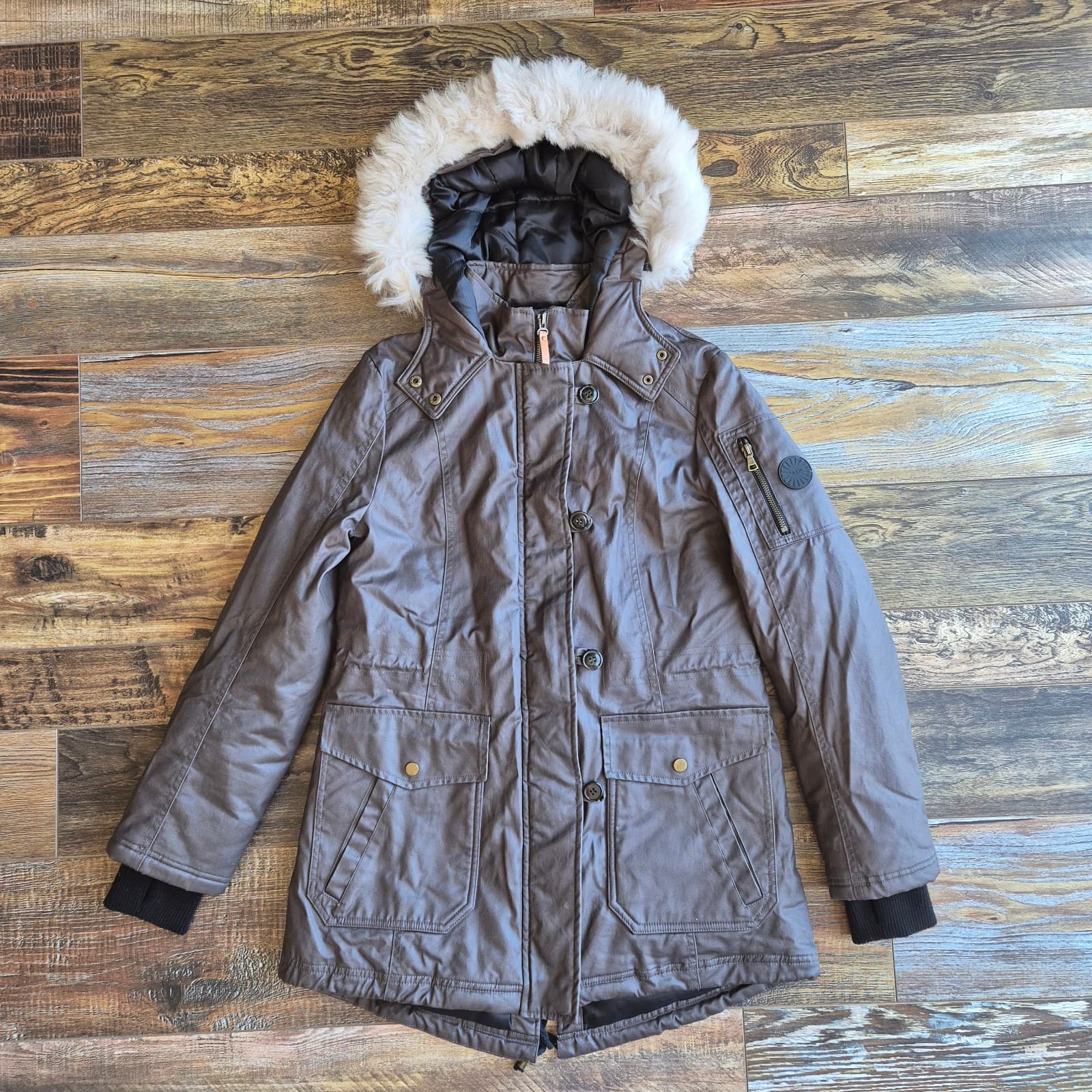 UGG Down Removeable Lamb Fur Trim Hooded Parka Winter Coat Jacket Brown Womens S - Thumbnail 3